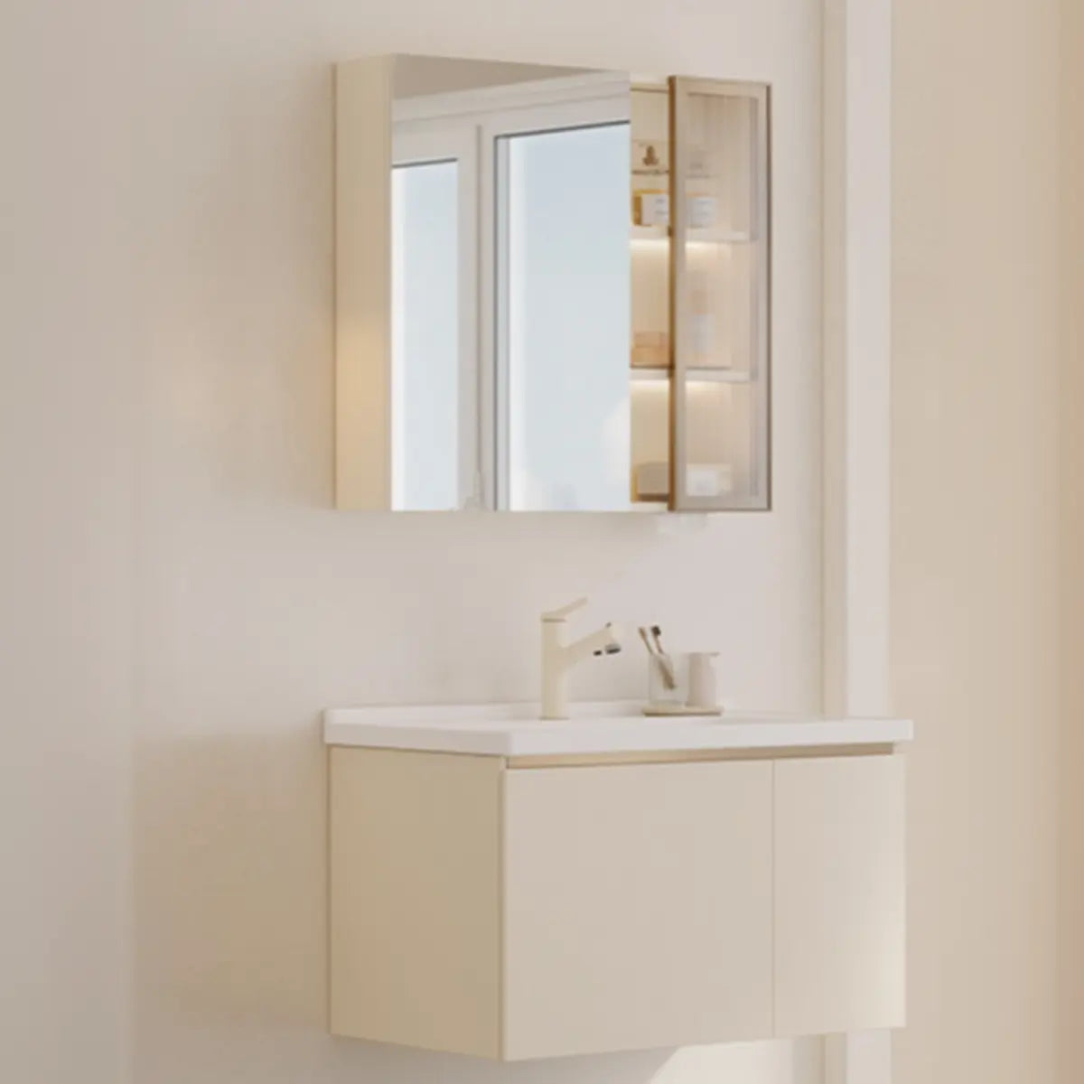 Ceramic Countertop Ivory Wood Wall Mounted Bathroom Vanity Image - 1