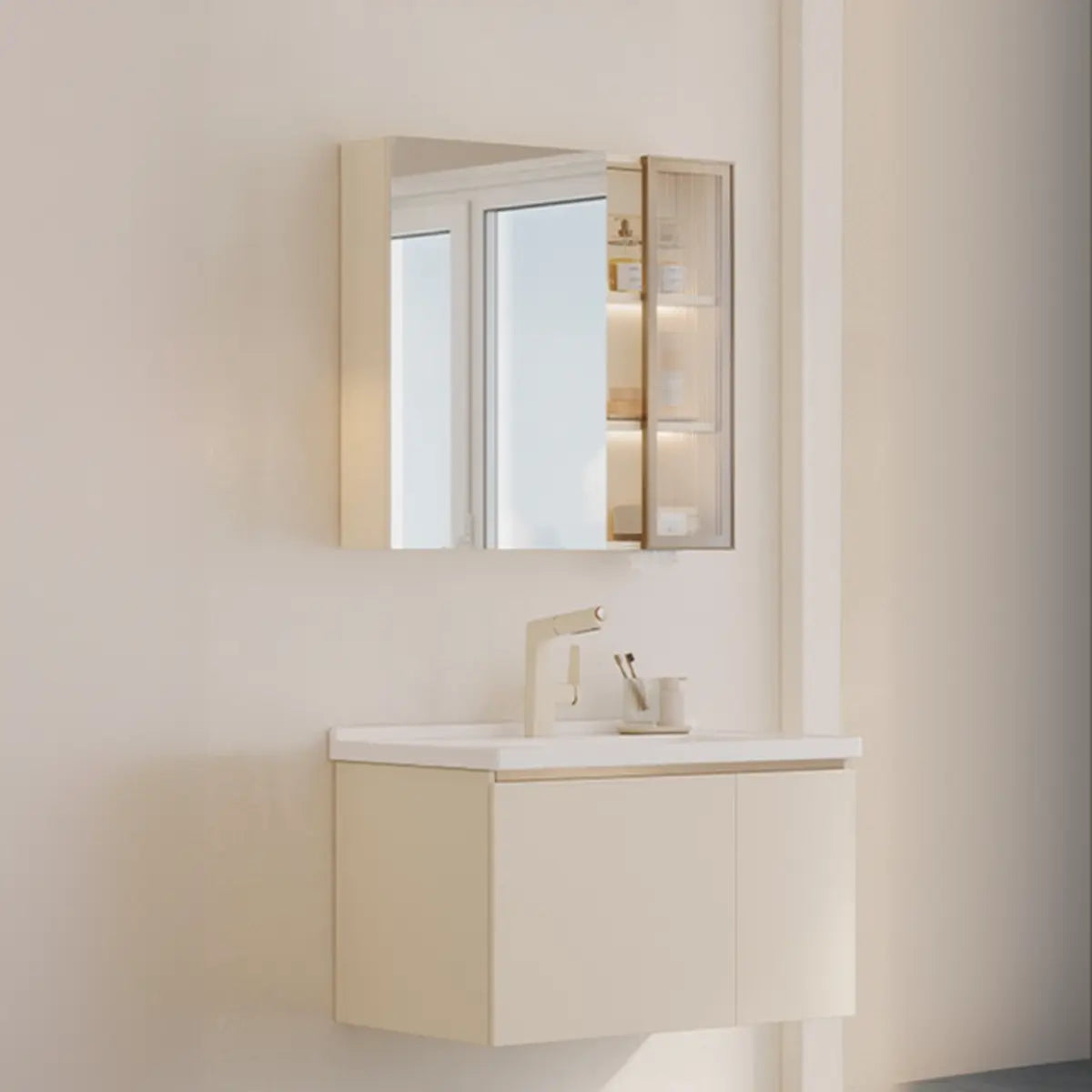 Ceramic Countertop Ivory Wood Wall Mounted Bathroom Vanity Image - 2