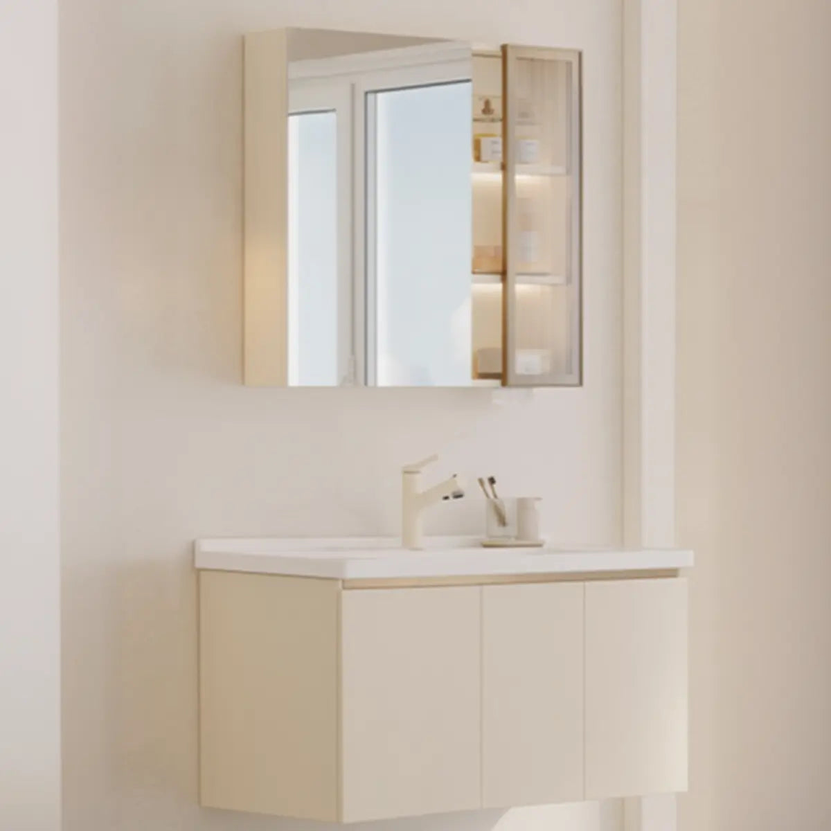 Ceramic Countertop Ivory Wood Wall Mounted Bathroom Vanity Image - 3