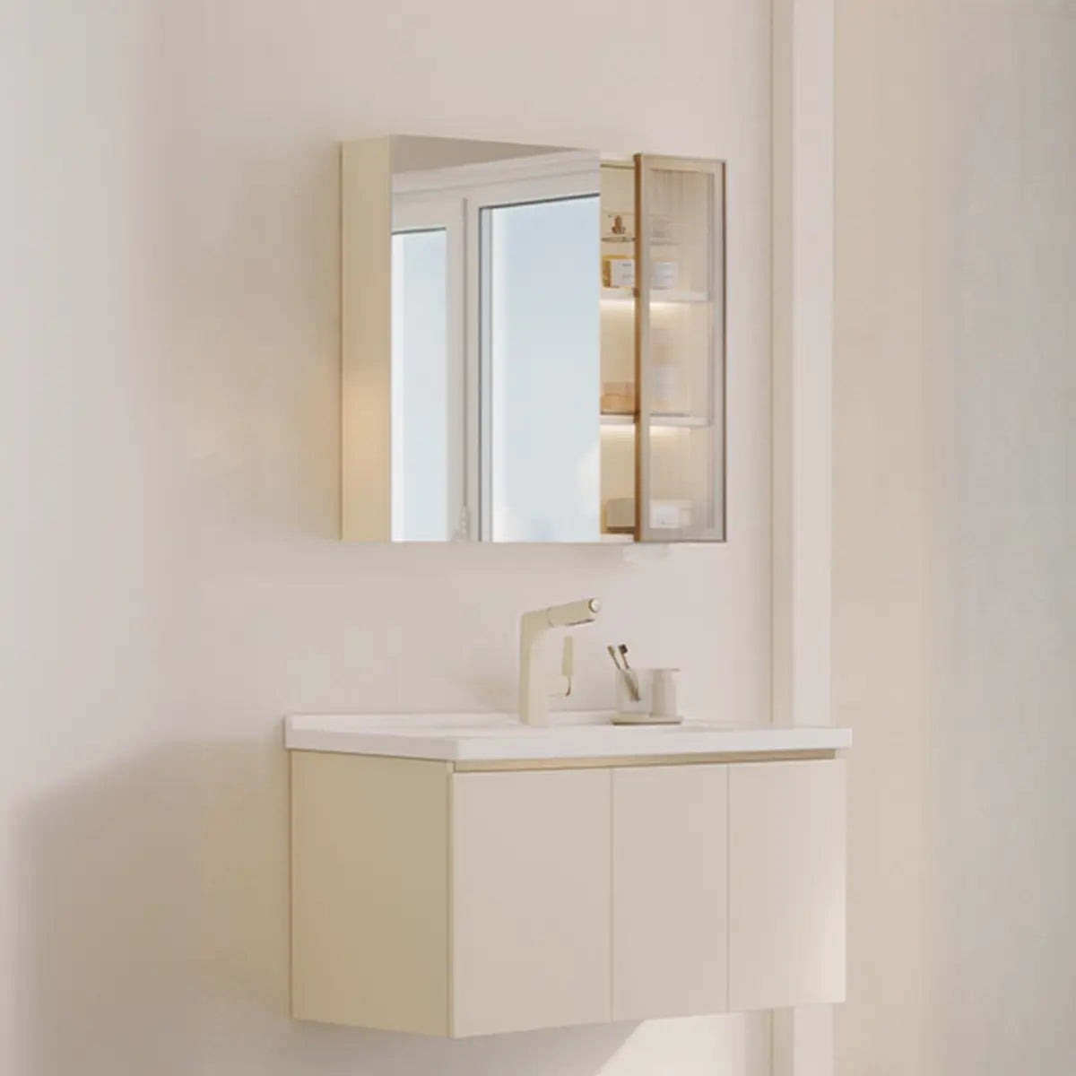 Ceramic Countertop Ivory Wood Wall Mounted Bathroom Vanity Image - 5