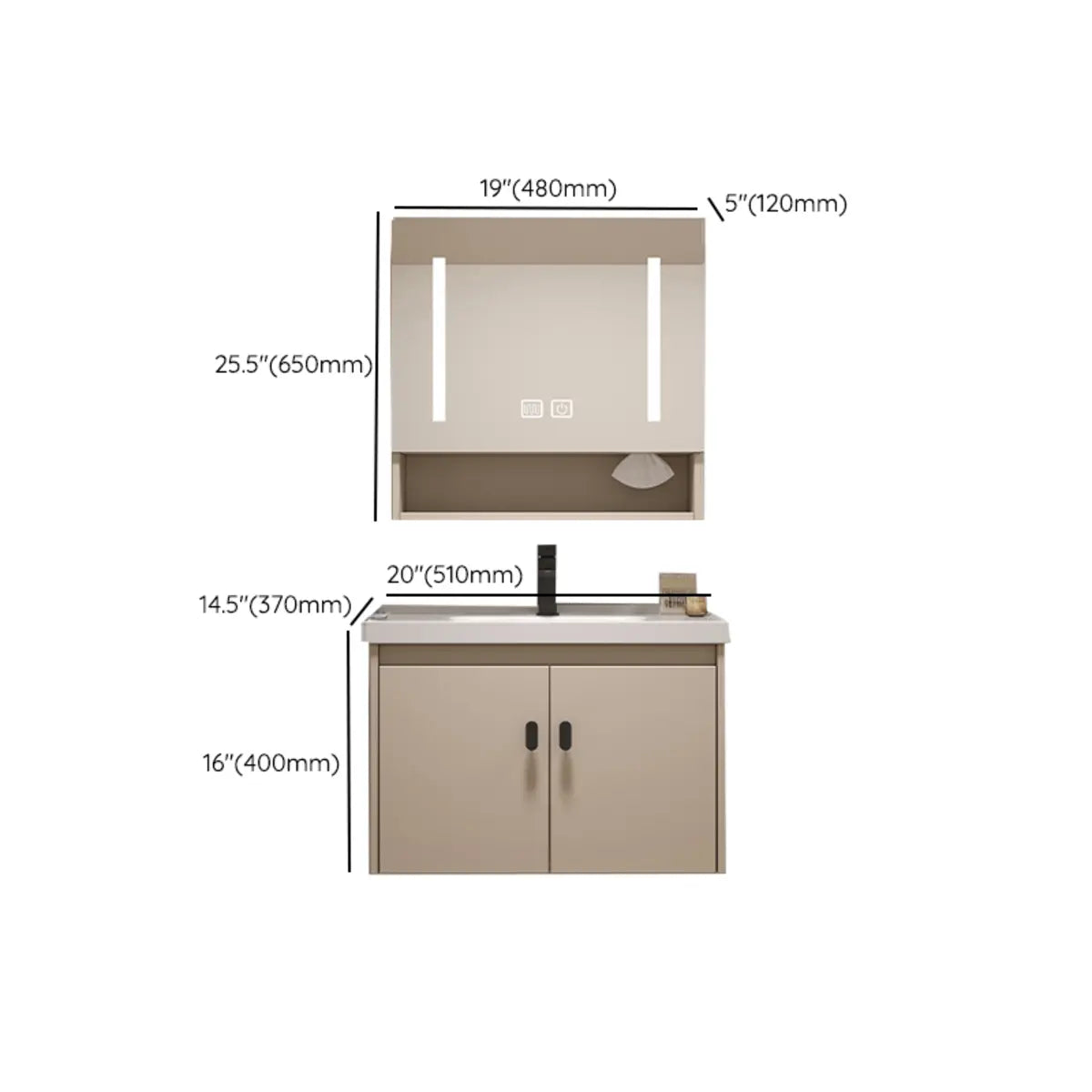 Ceramic Sink Beige Combo LED Bathroom Vanity with Mirror Image - 21