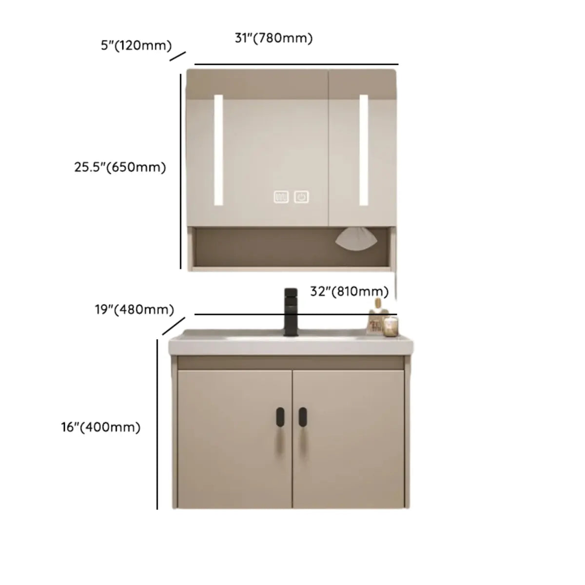 Ceramic Sink Beige Combo LED Bathroom Vanity with Mirror Image - 24