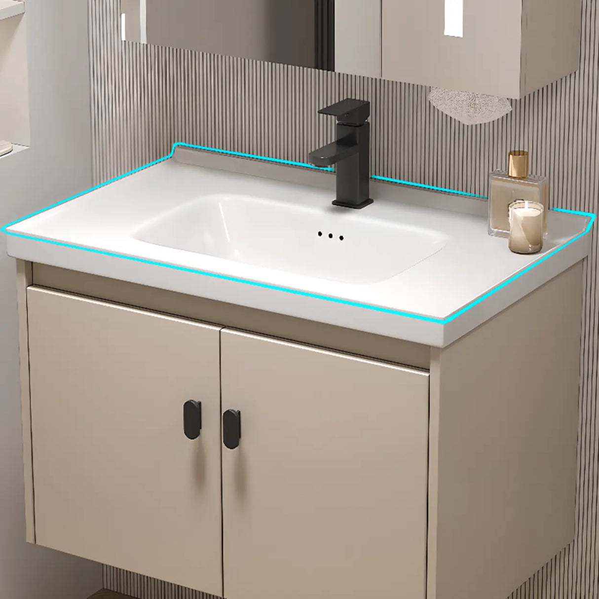Ceramic Sink Beige Combo LED Bathroom Vanity with Mirror Image - 6