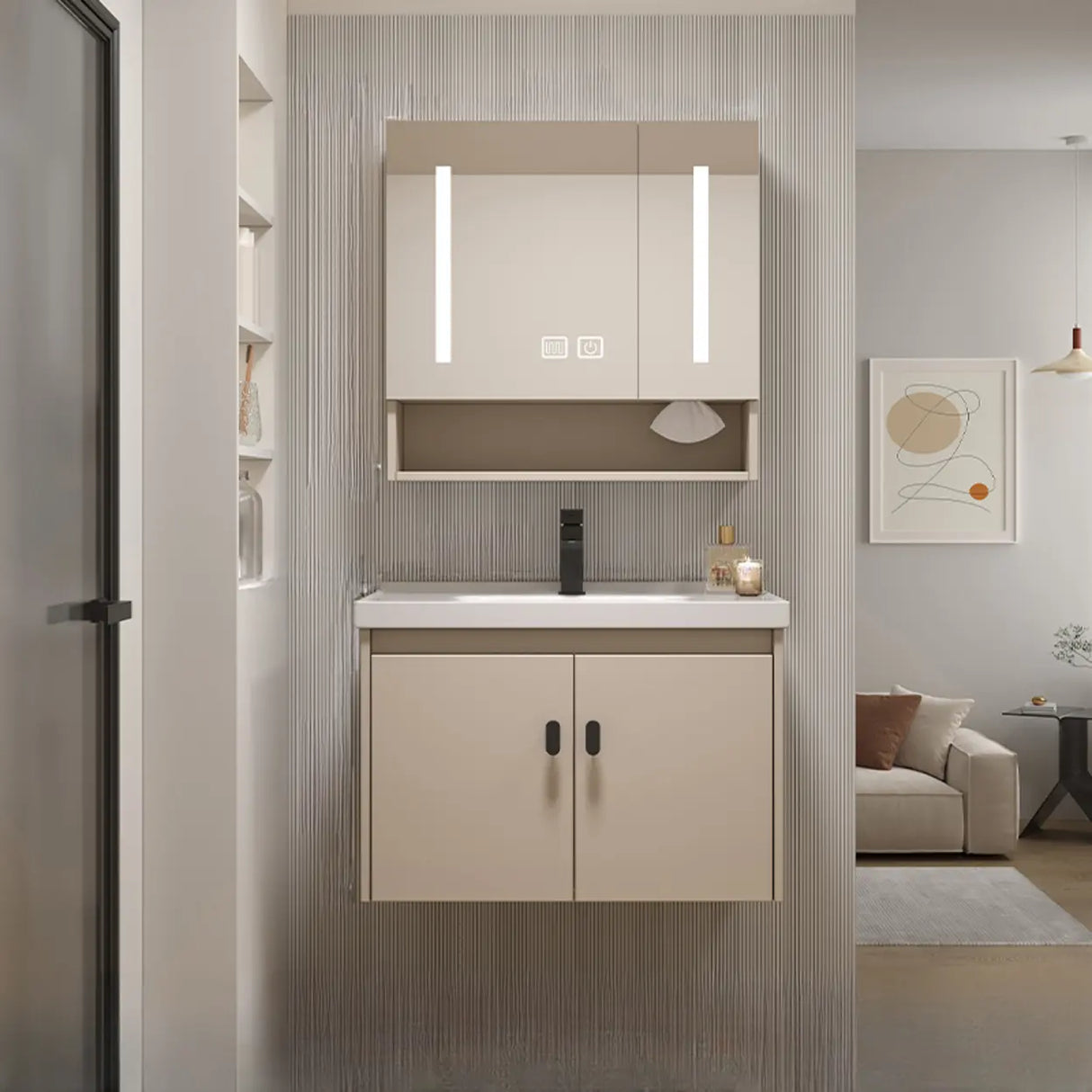 Ceramic Sink Beige Combo LED Bathroom Vanity with Mirror Image - 7