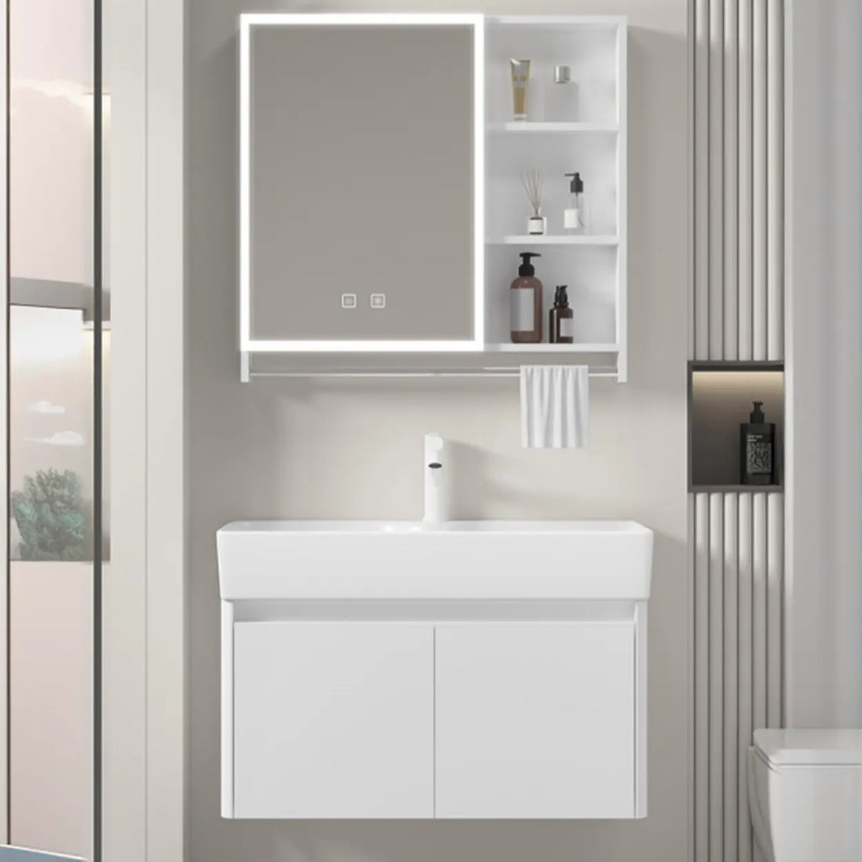 Chalk White Sink Wood Storage Wall Mounted Bathroom Vanity Image - 1