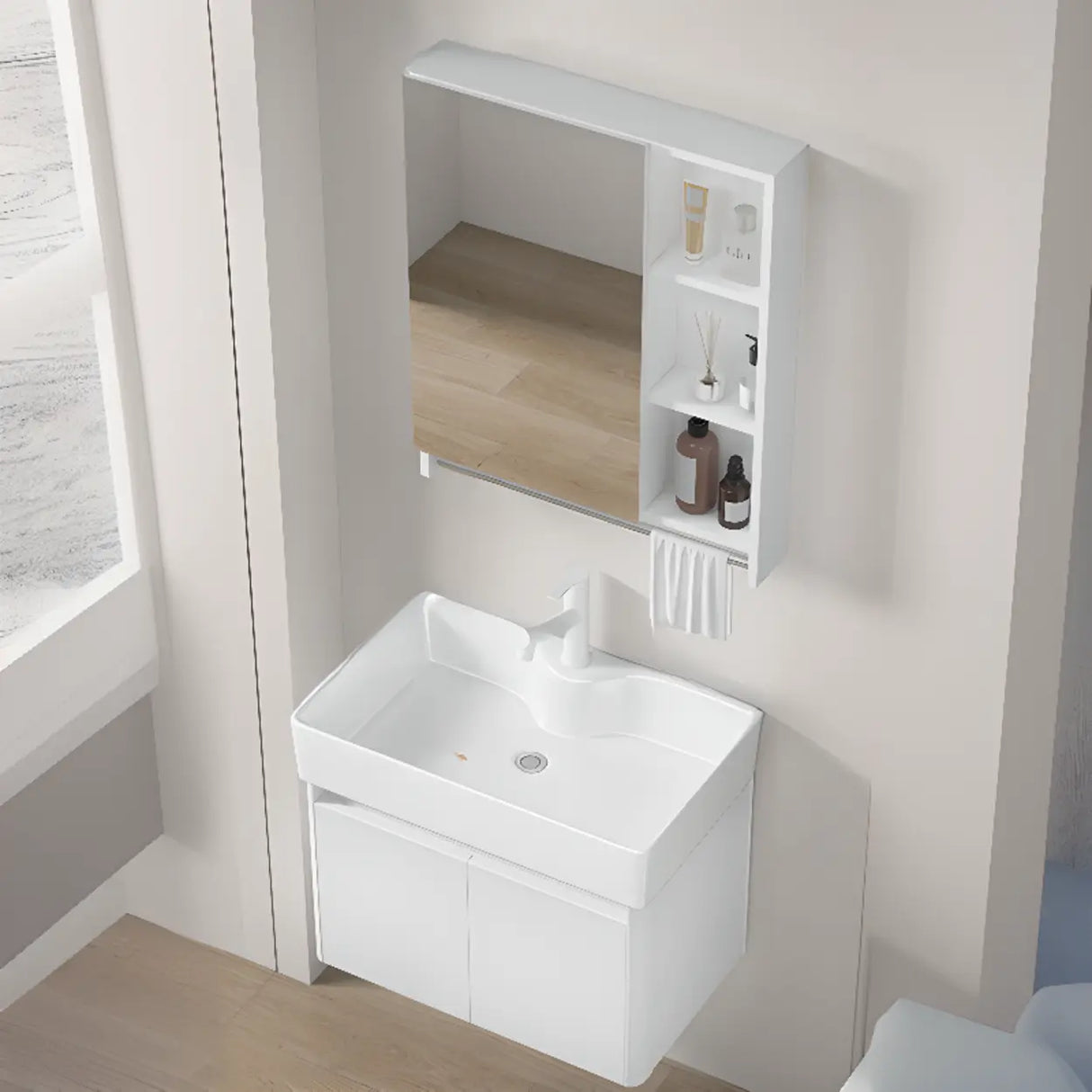 Chalk White Sink Wood Storage Wall Mounted Bathroom Vanity Image - 14