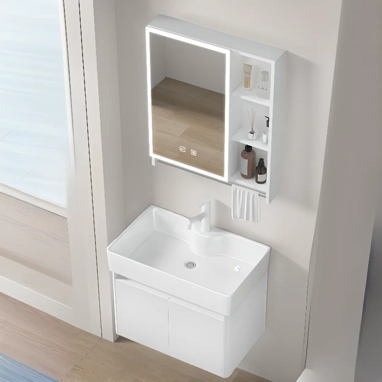 Chalk White Sink Wood Storage Wall Mounted Bathroom Vanity Image - 16