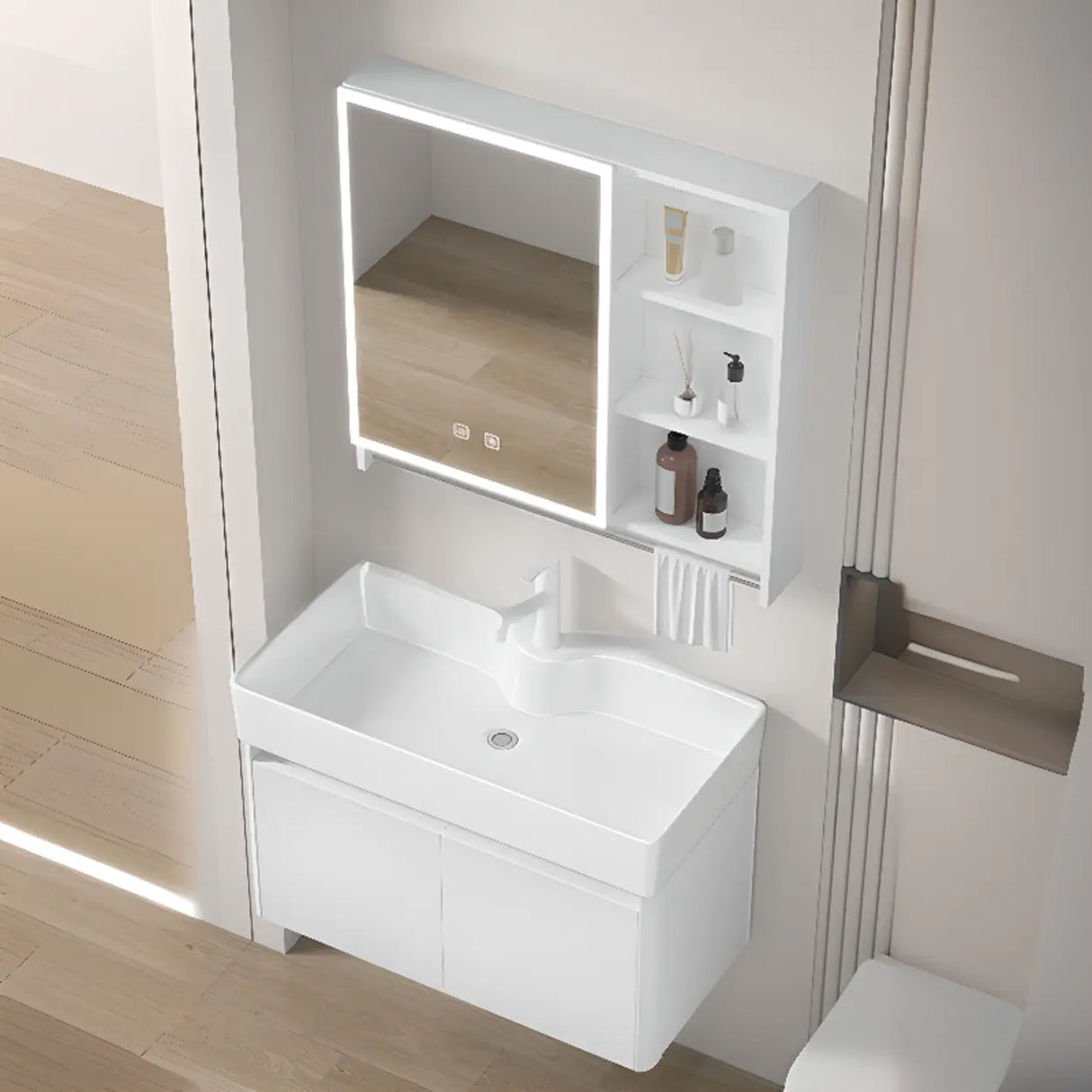 Chalk White Sink Wood Storage Wall Mounted Bathroom Vanity Image - 21