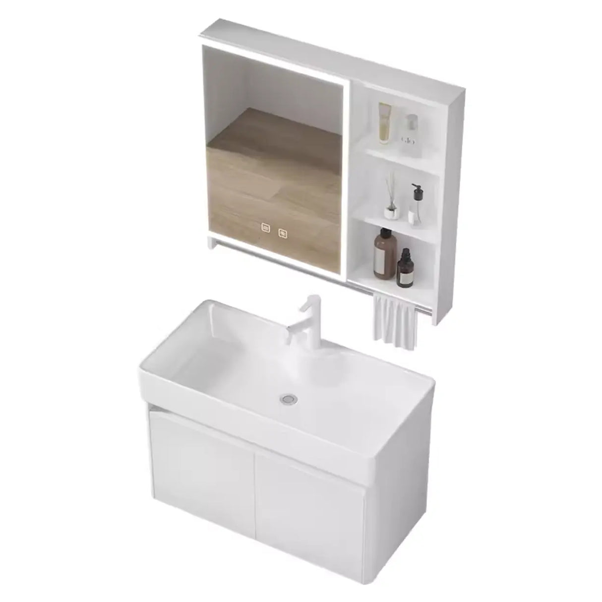 Chalk White Sink Wood Storage Wall Mounted Bathroom Vanity Image - 6