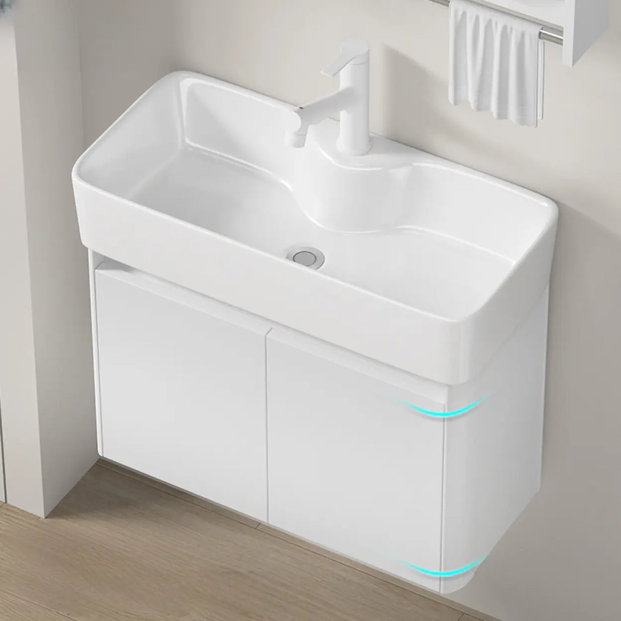 Chalk White Sink Wood Storage Wall Mounted Bathroom Vanity Image - 8