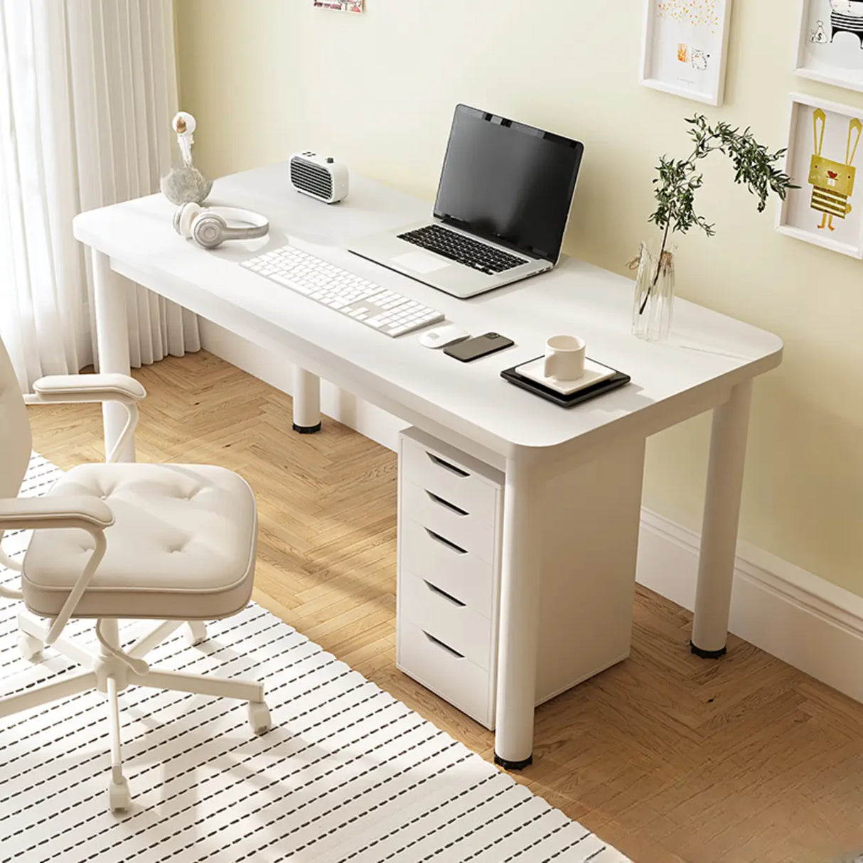 Chalk White Wooden Rectangular Computer Desk Image - 2