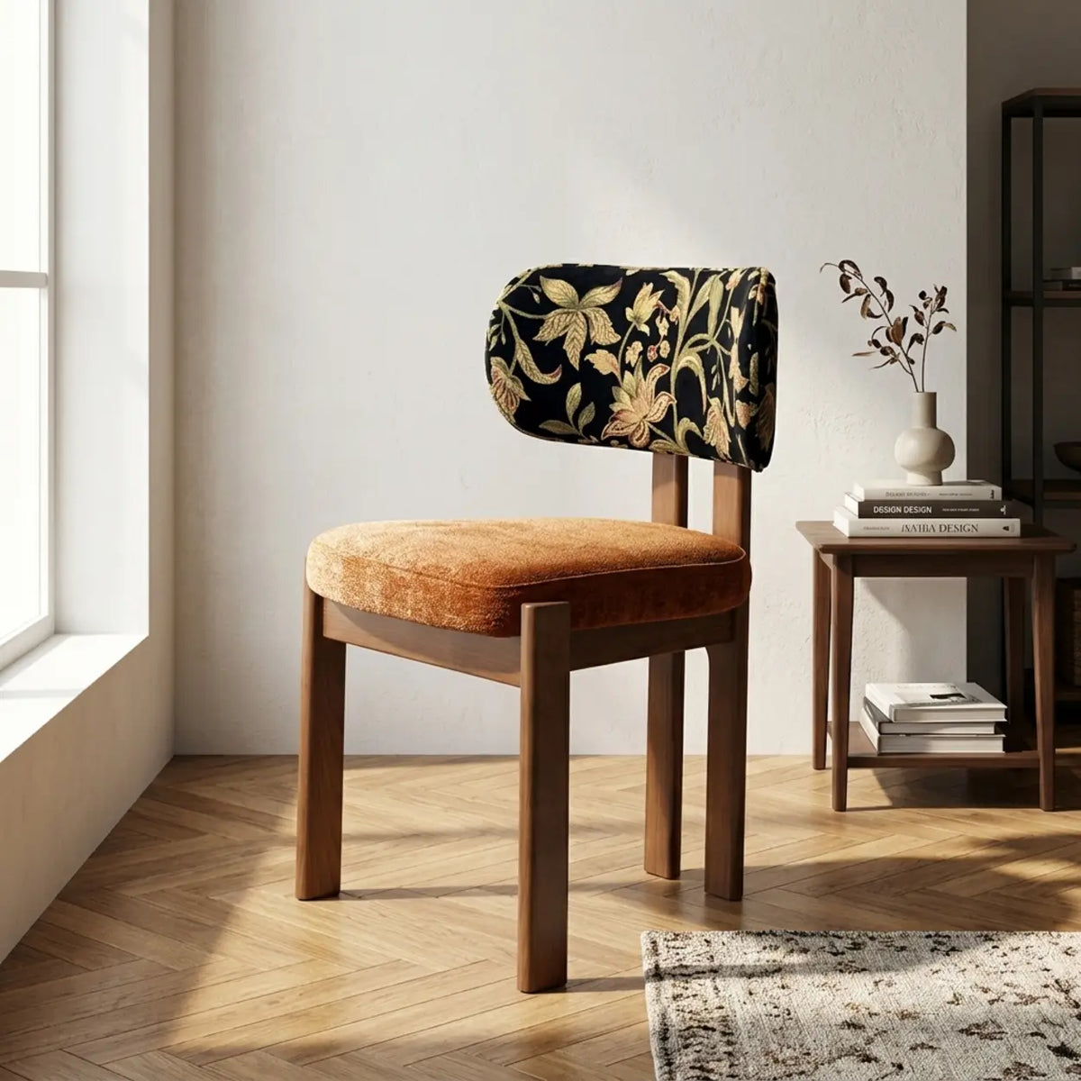 Brown Walnut 2 Piece Set Chenille Upholstered Dining Chair Set of 2 Curved Back Chair Image - 5