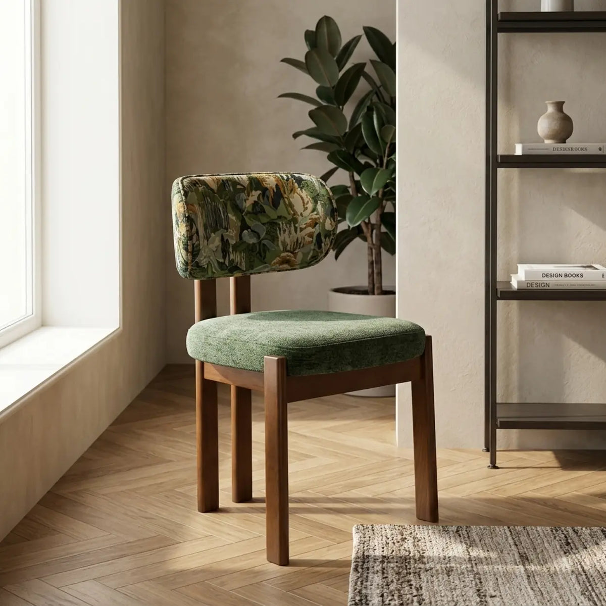 Green Walnut 2 Piece Set Chenille Upholstered Dining Chair Set of 2 Curved Back Chair Image - 9