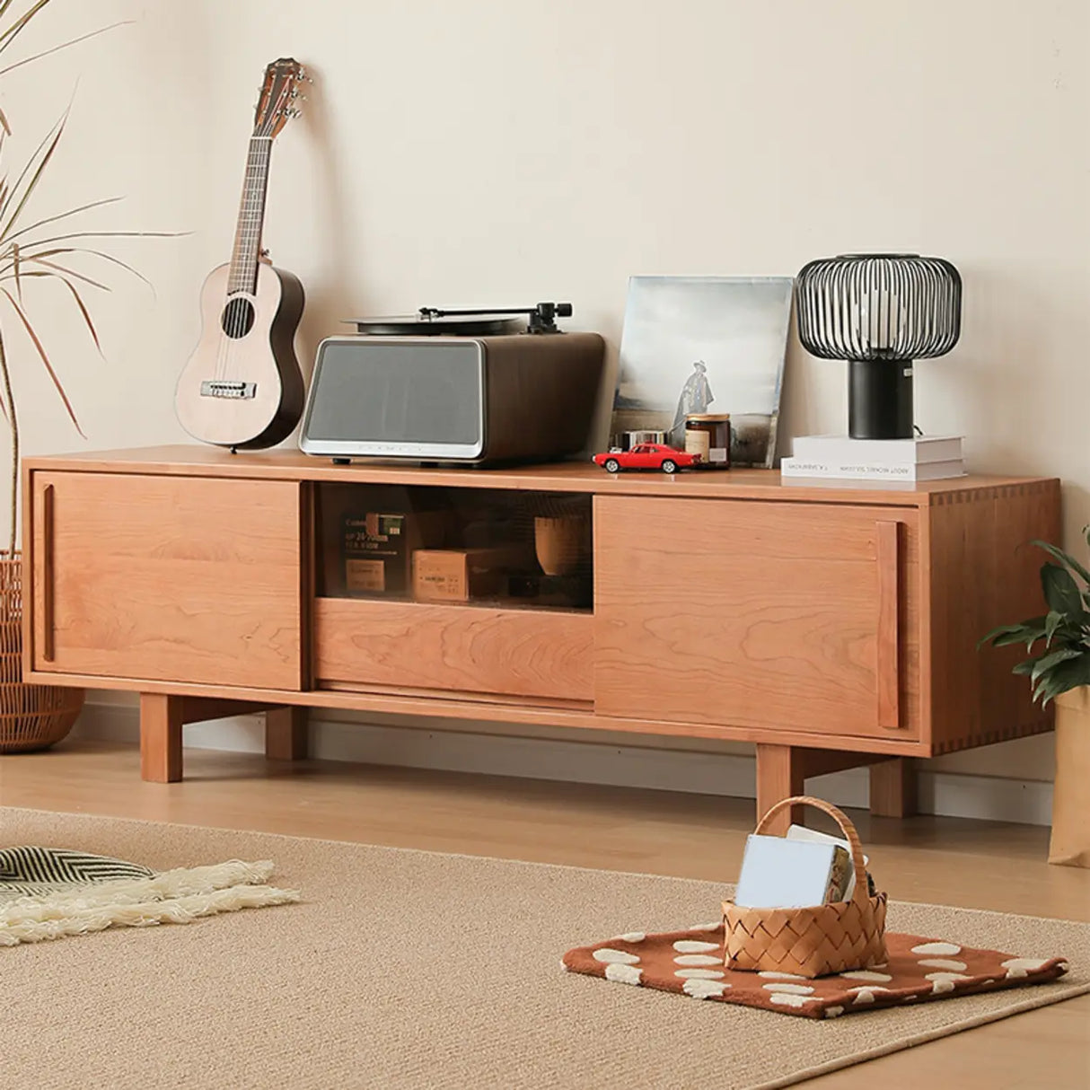 Cherry Wood Cabinet Drawers Long TV Stand with Legs Image - 1