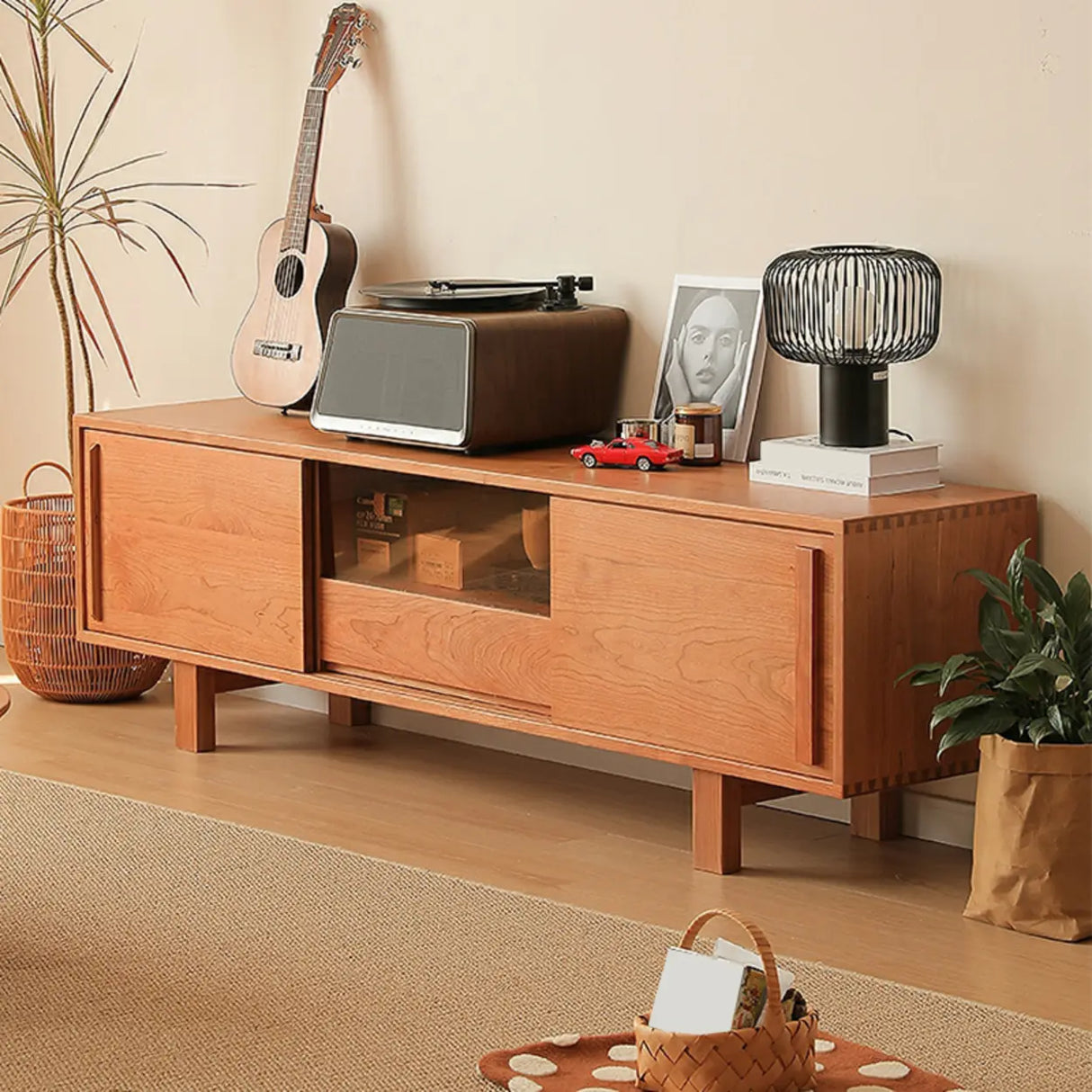 Cherry Wood Cabinet Drawers Long TV Stand with Legs Image - 3