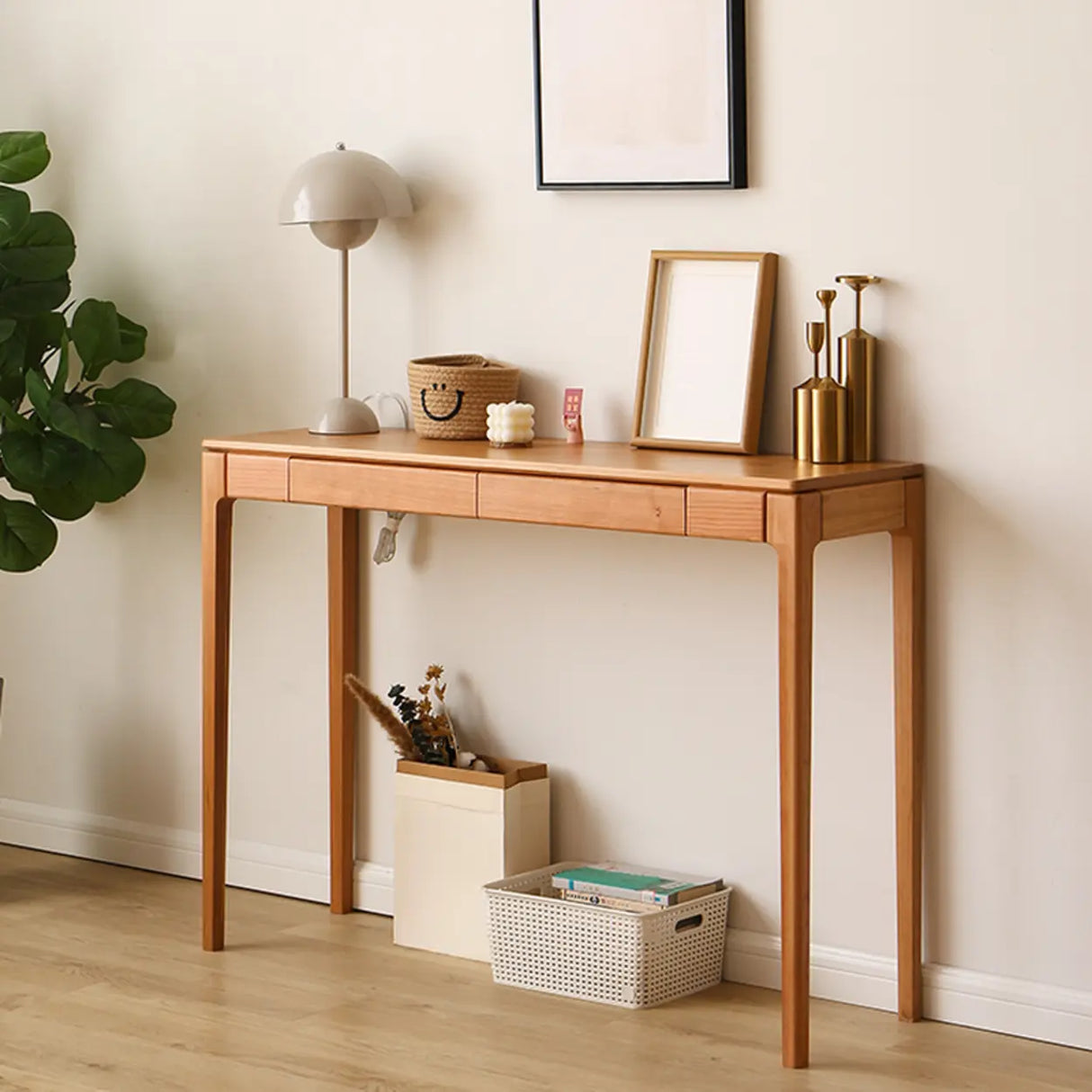 Cherry Wood Rectangular Console Table with Drawers Image - 1