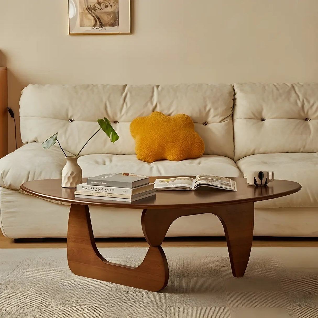 Cherry Wood Triangle Coffee Table with Abstract Base Image - 10