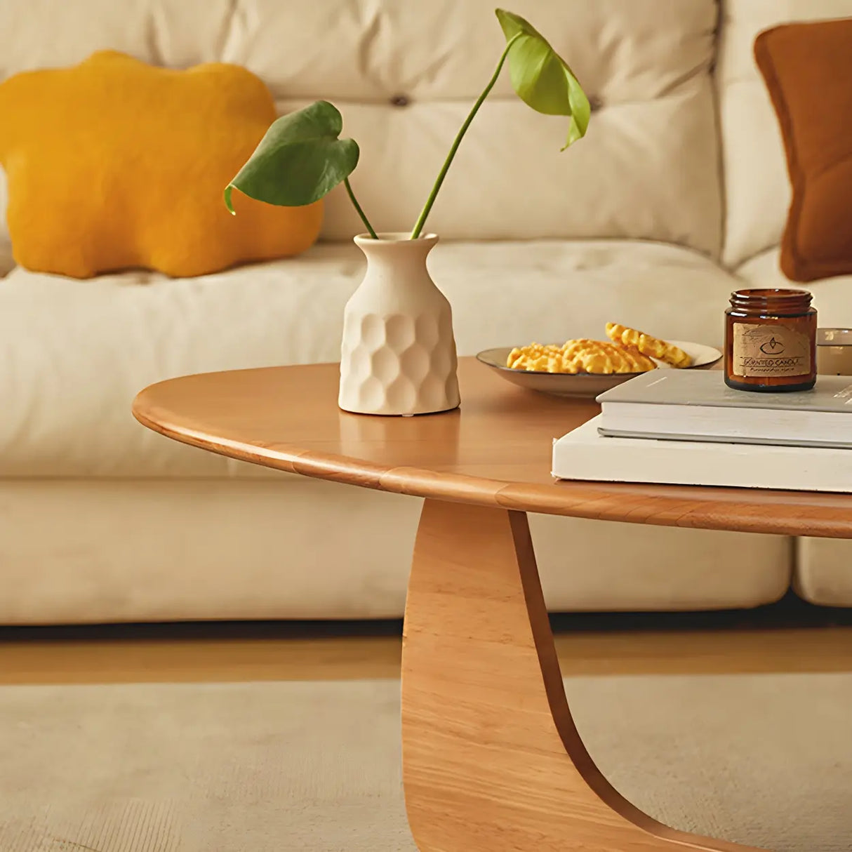 Cherry Wood Triangle Coffee Table with Abstract Base Image - 11