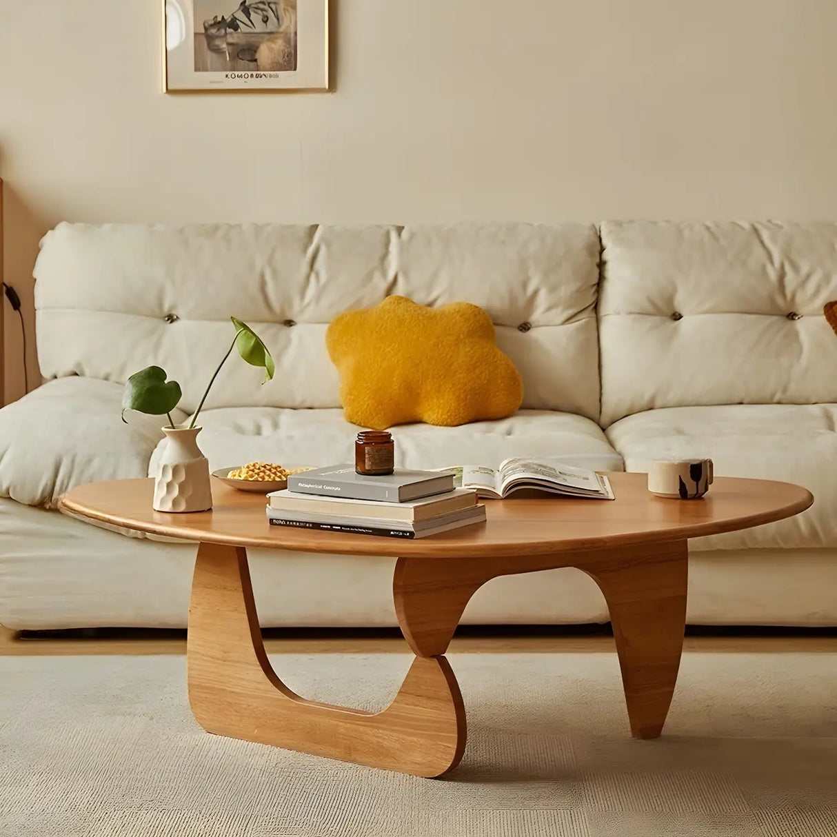 Cherry Wood Triangle Coffee Table with Abstract Base Image - 12