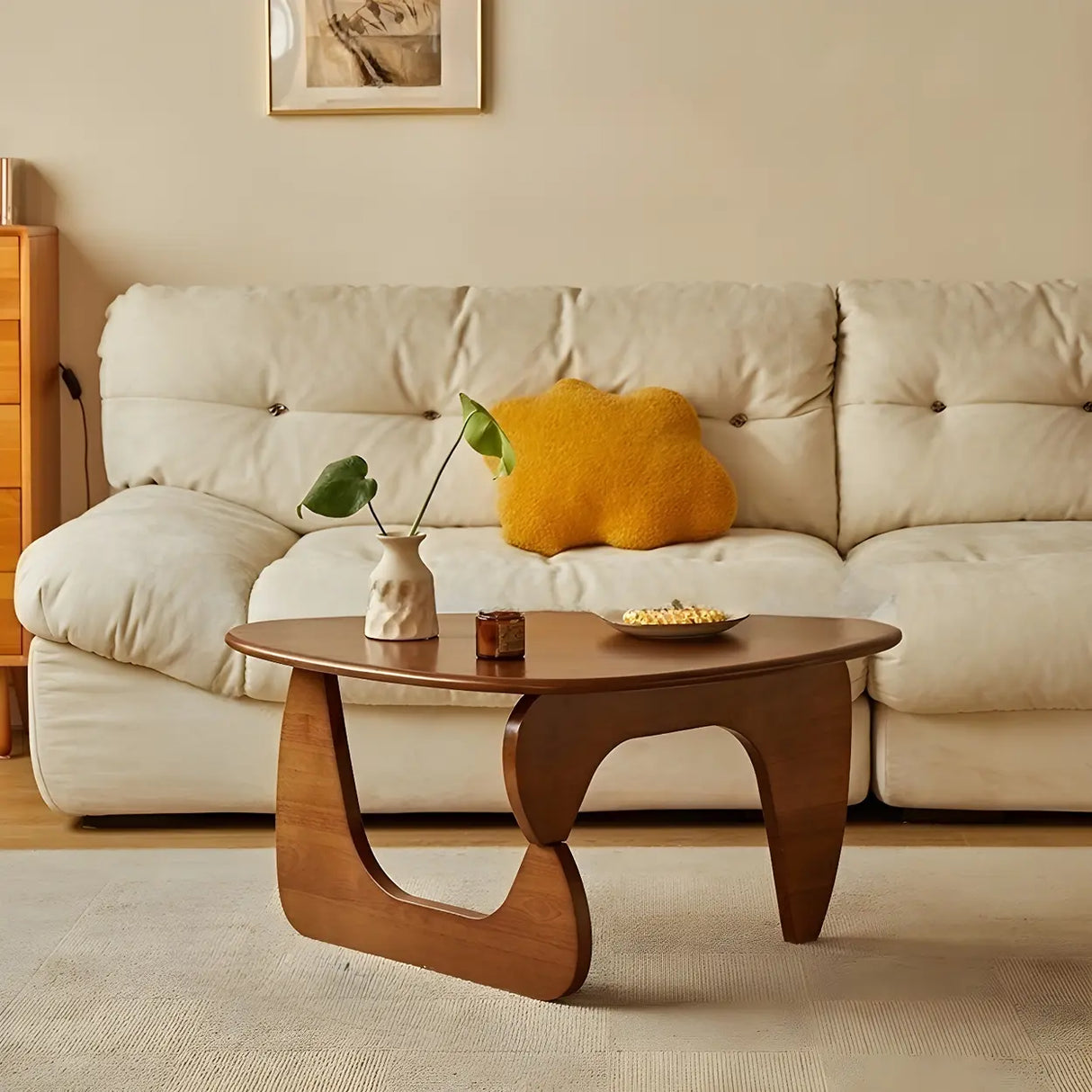 Cherry Wood Triangle Coffee Table with Abstract Base Image - 13