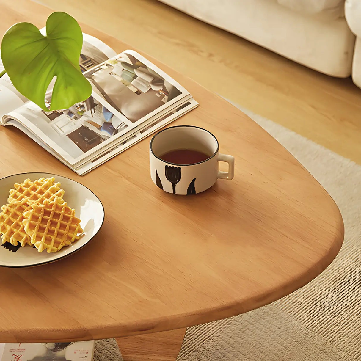 Cherry Wood Triangle Coffee Table with Abstract Base Image - 14