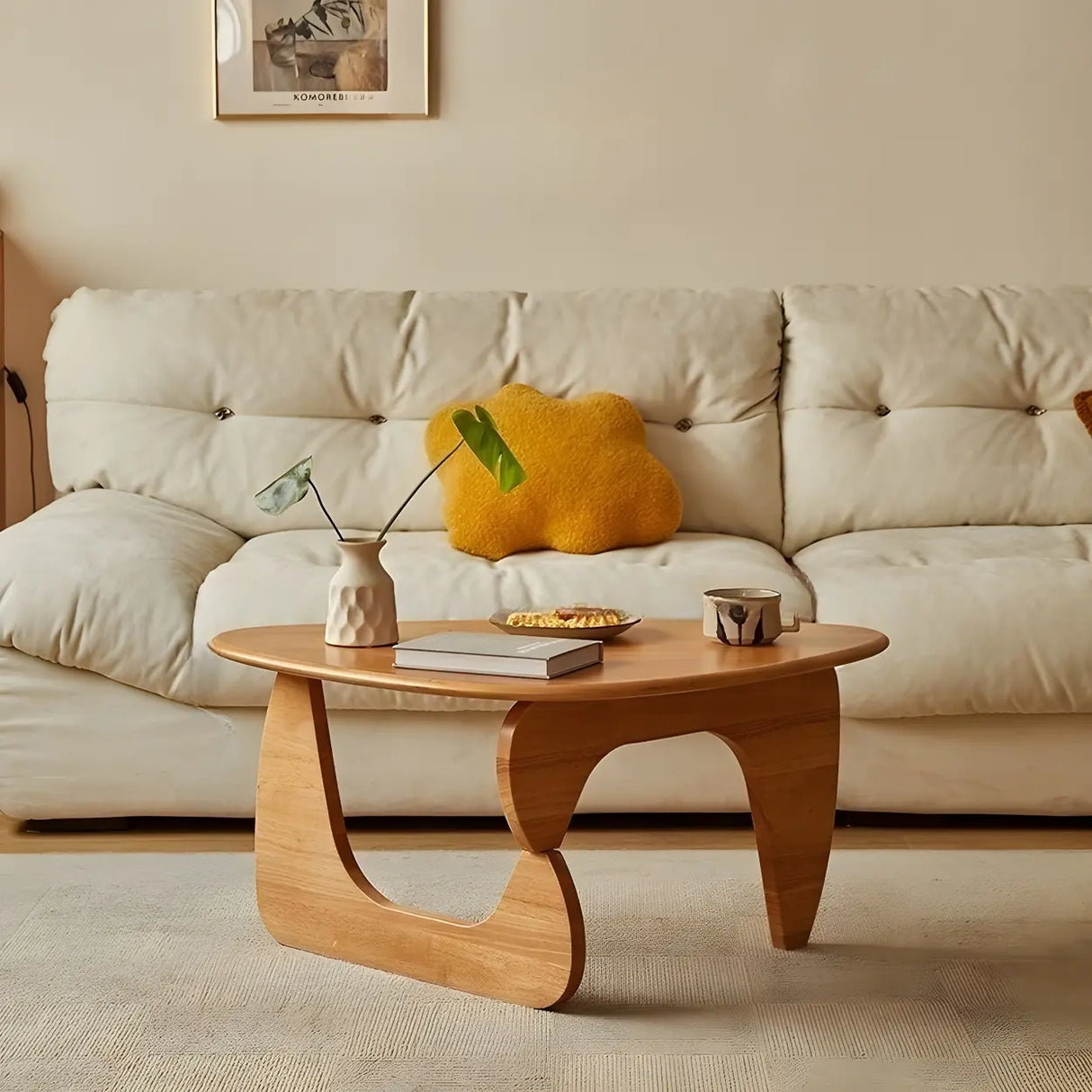 Cherry Wood Triangle Coffee Table with Abstract Base Image - 15