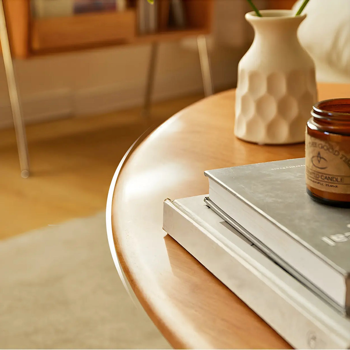 Cherry Wood Triangle Coffee Table with Abstract Base Image - 16