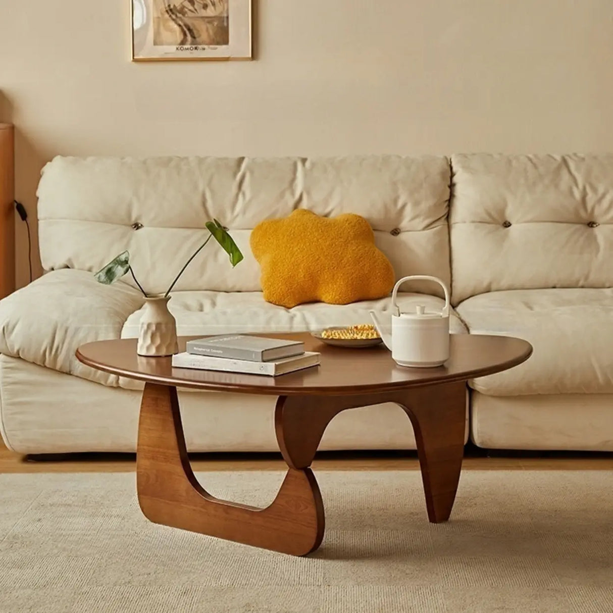 Cherry Wood Triangle Coffee Table with Abstract Base Image - 17