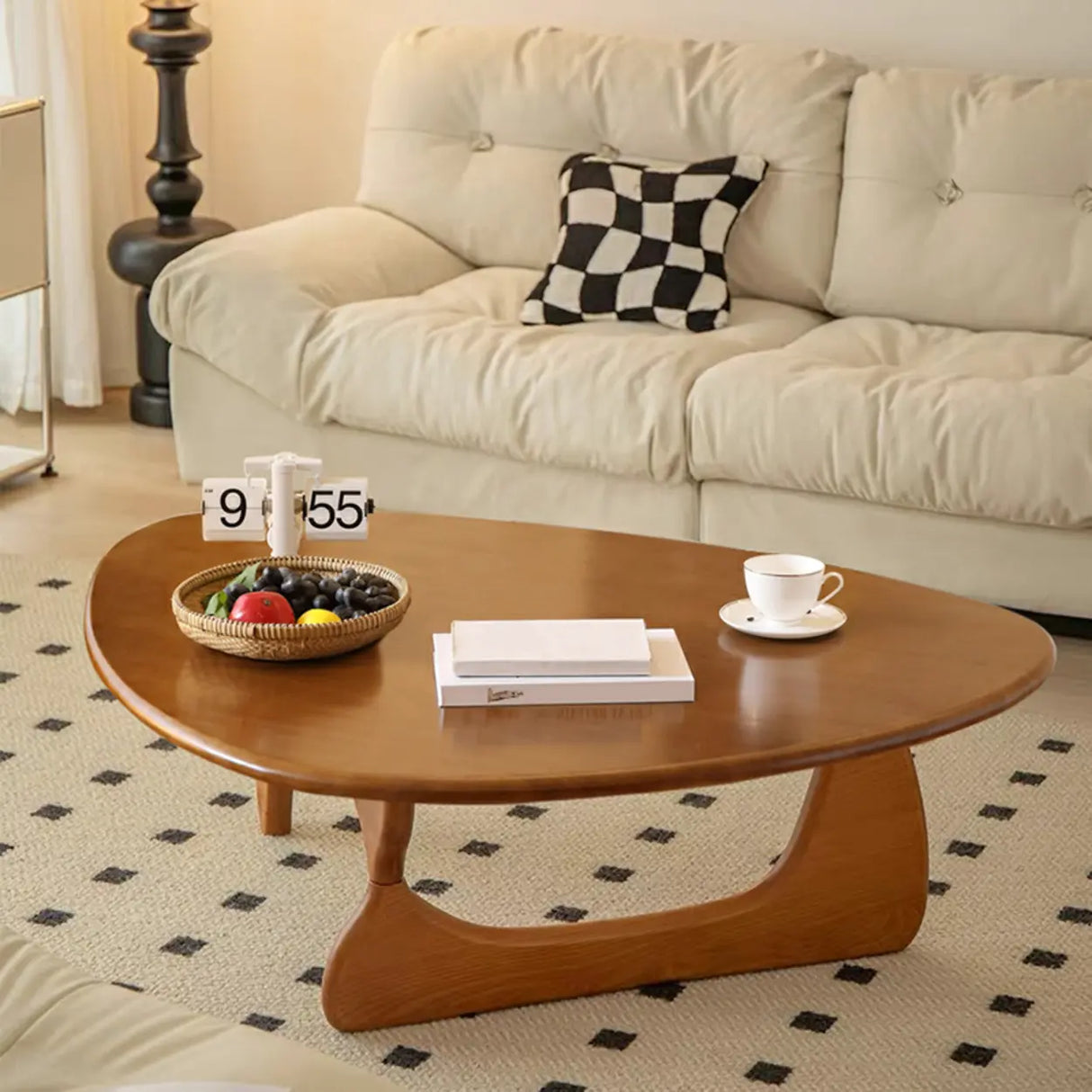 Cherry Wood Triangle Coffee Table with Abstract Base Image - 1