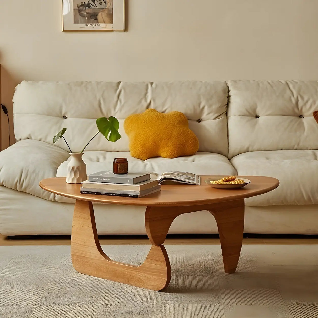 Cherry Wood Triangle Coffee Table with Abstract Base Image - 2