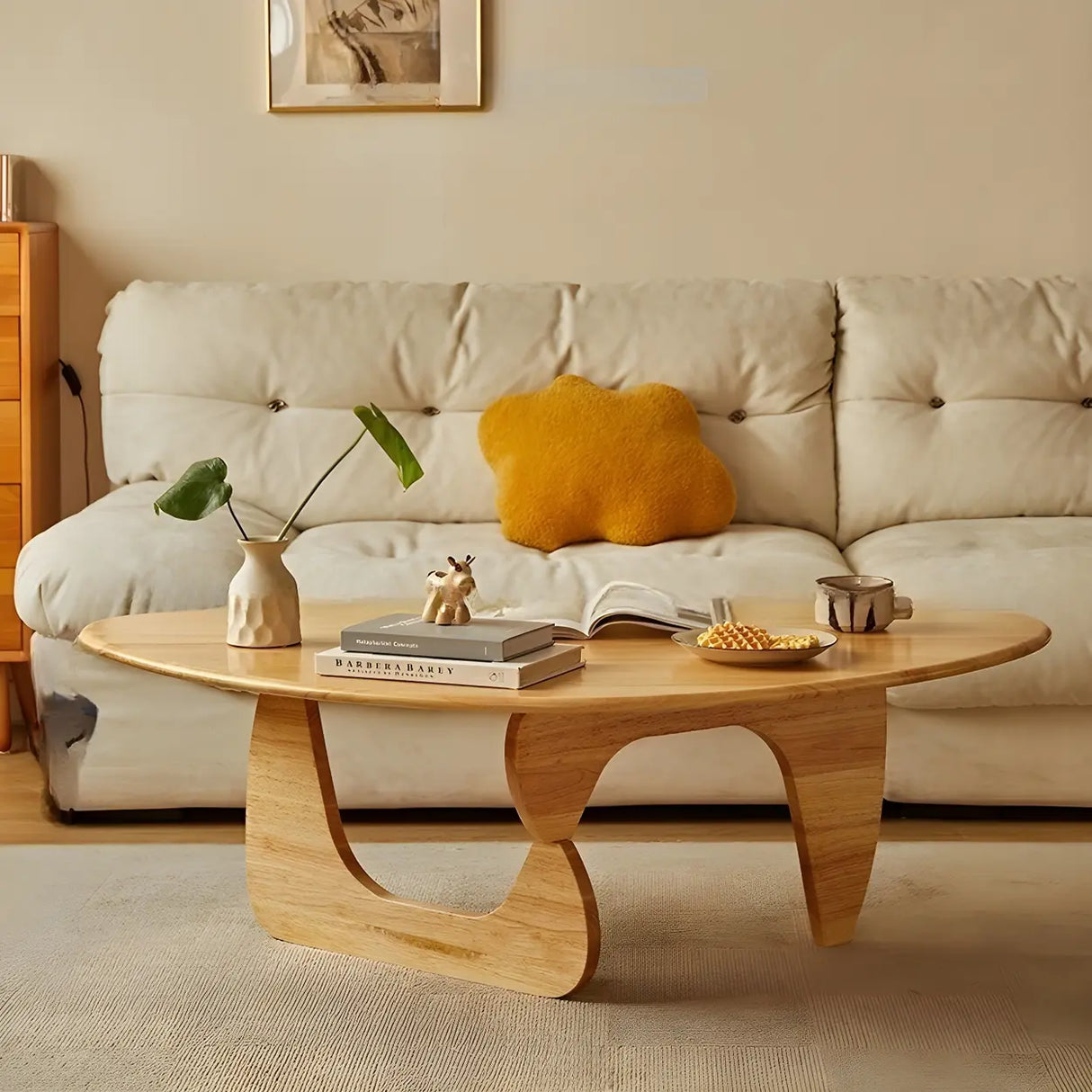 Cherry Wood Triangle Coffee Table with Abstract Base Image - 3