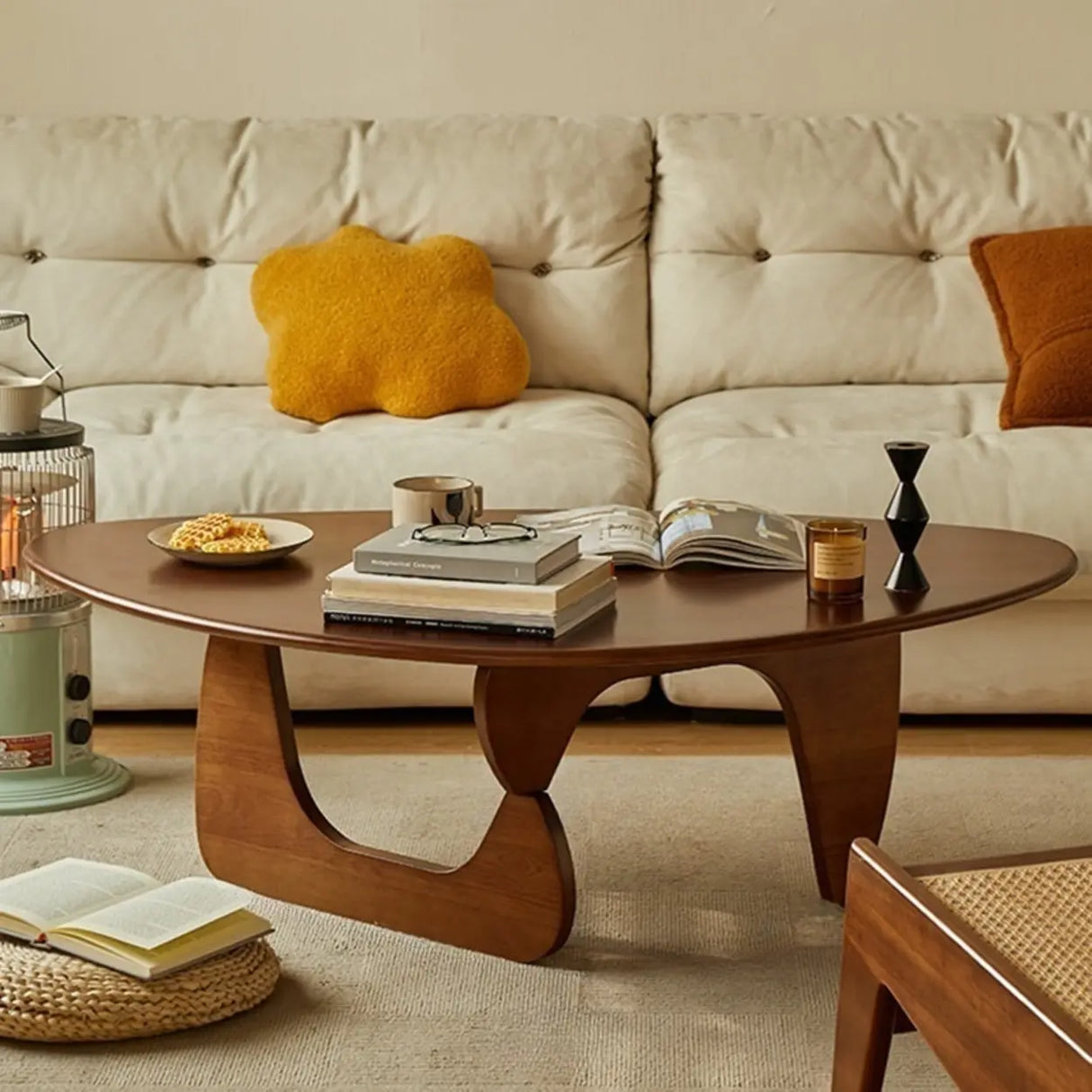 Cherry Wood Triangle Coffee Table with Abstract Base Image - 4