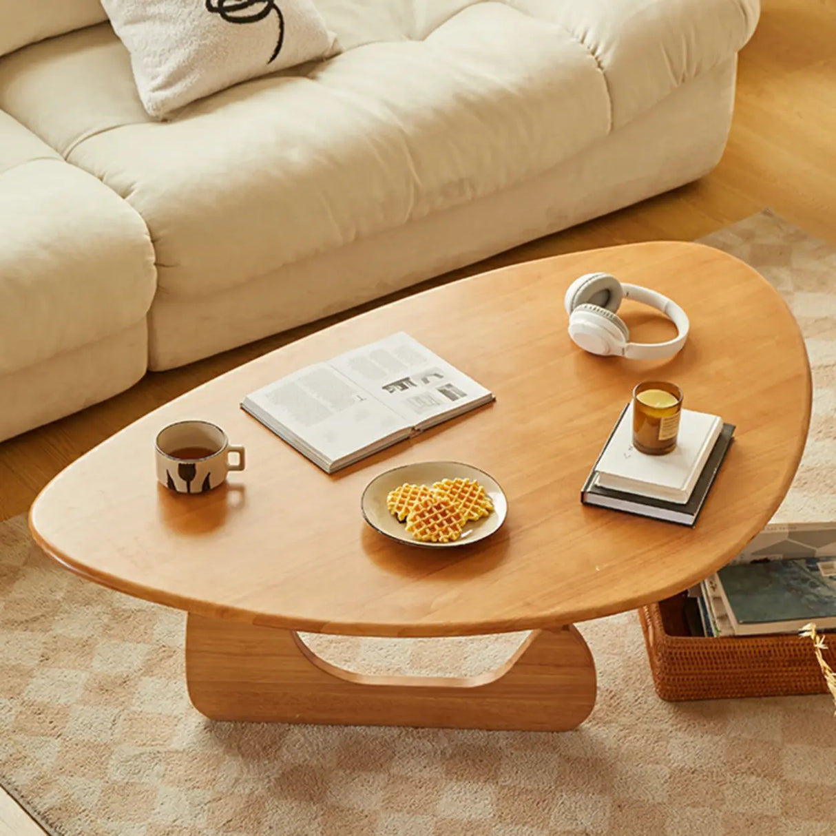 Cherry Wood Triangle Coffee Table with Abstract Base Image - 5
