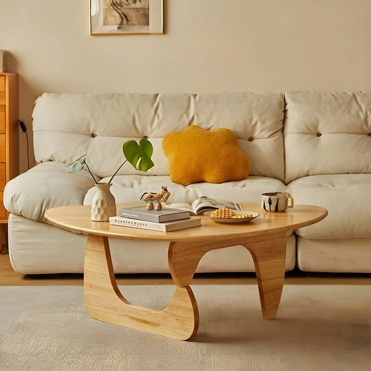Cherry Wood Triangle Coffee Table with Abstract Base Image - 6