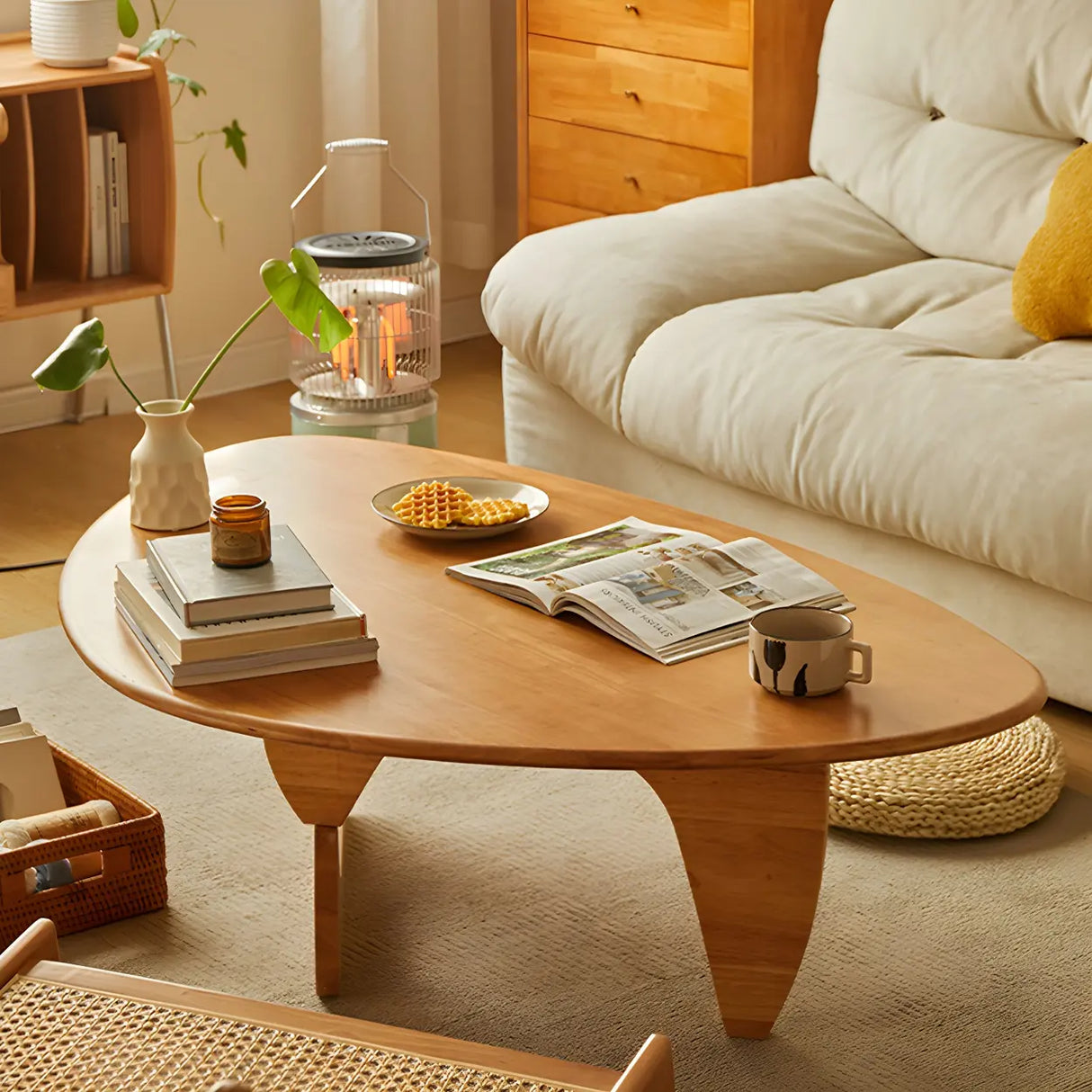 Cherry Wood Triangle Coffee Table with Abstract Base Image - 7