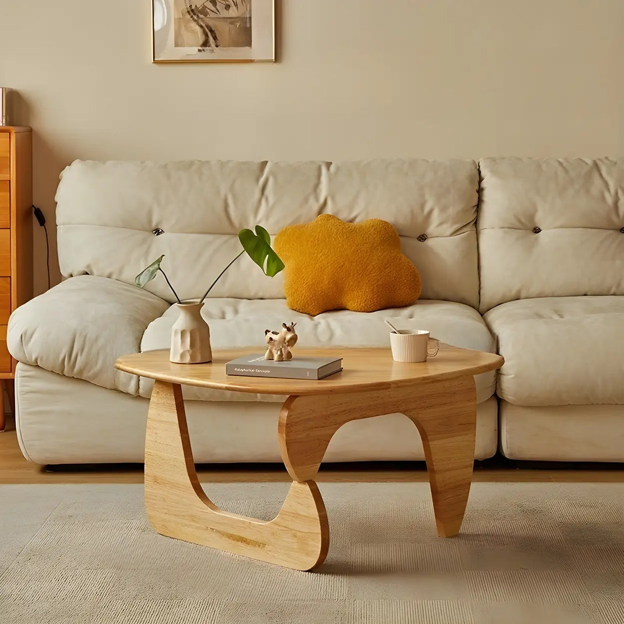 Cherry Wood Triangle Coffee Table with Abstract Base Image - 8