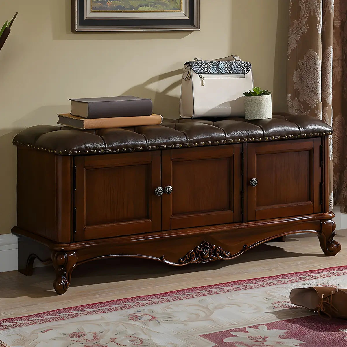 Cherry Wood Tufted Entryway Bench with Cabinets Image - 11