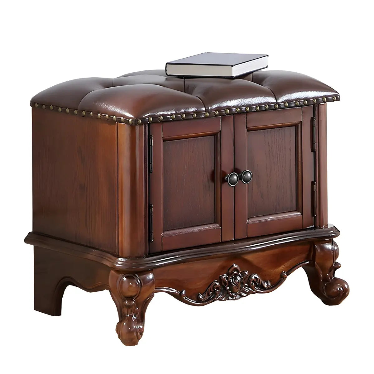 Cherry Wood Tufted Entryway Bench with Cabinets Image - 13