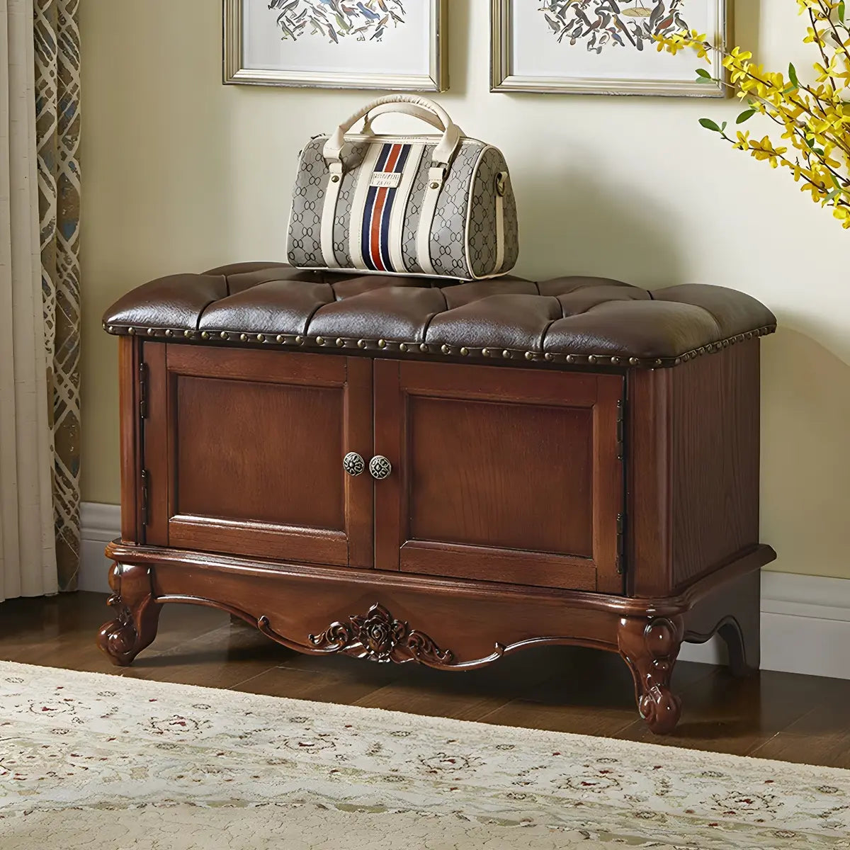 Cherry Wood Tufted Entryway Bench with Cabinets Image - 14