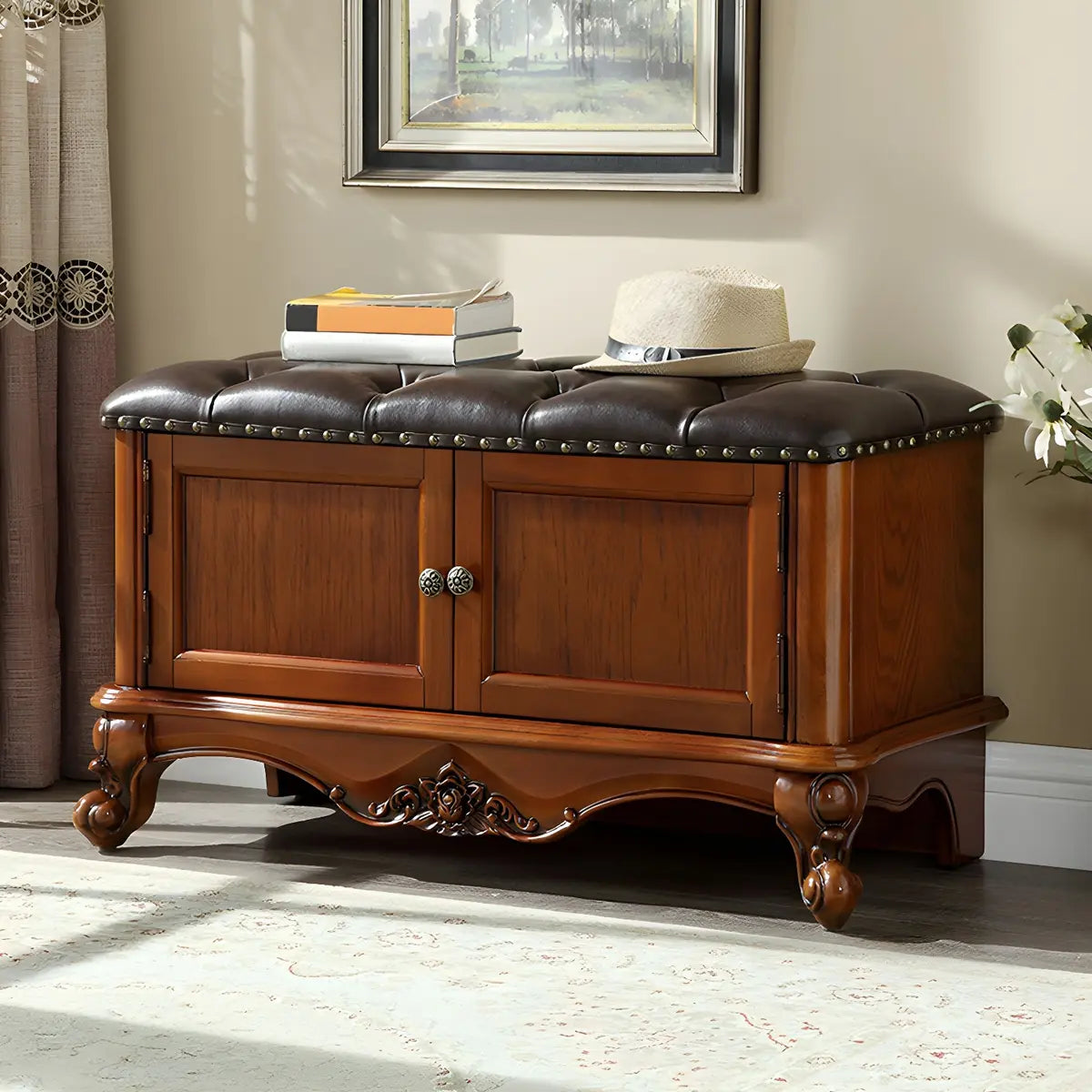 Cherry Wood Tufted Entryway Bench with Cabinets Image - 3