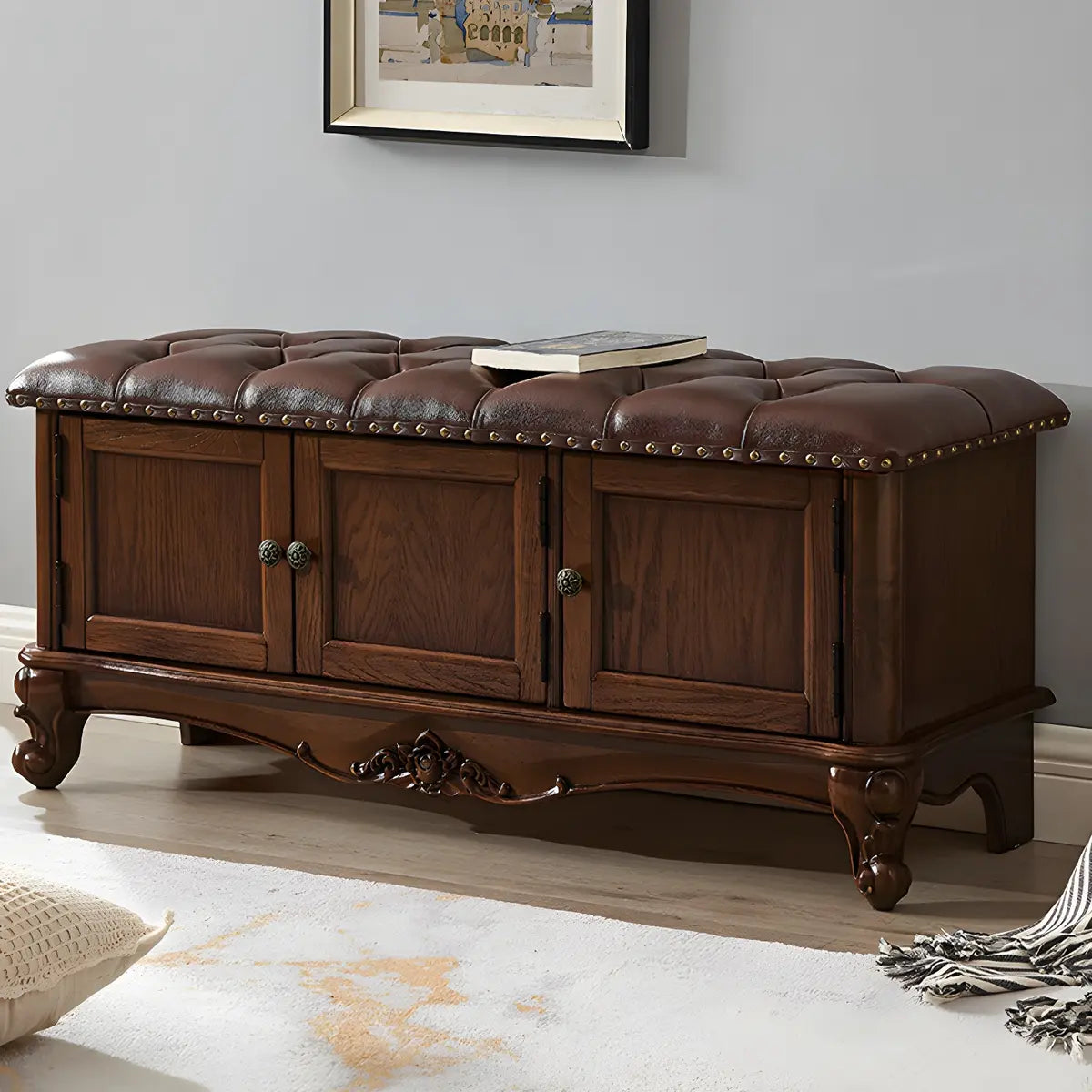 Cherry Wood Tufted Entryway Bench with Cabinets Image - 4