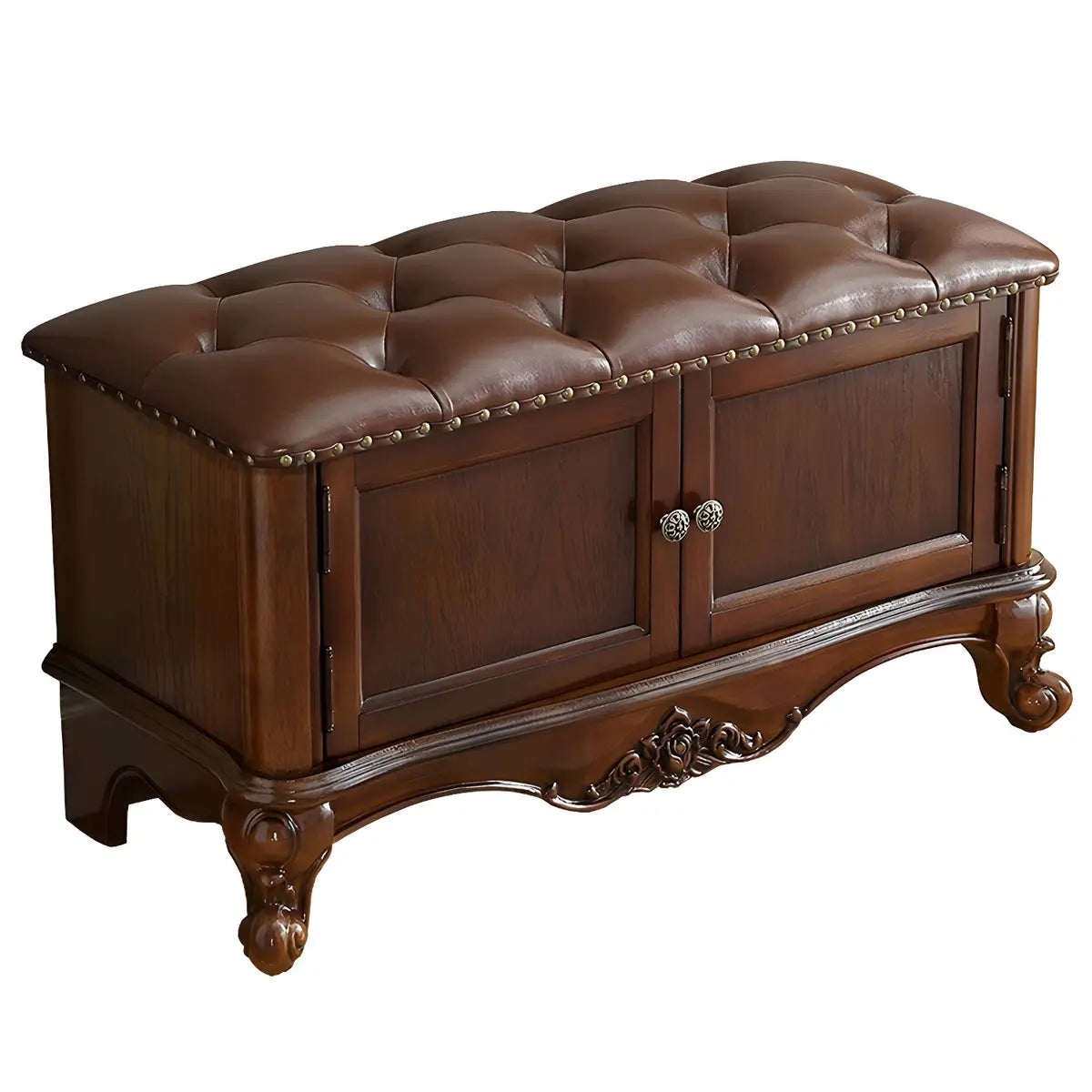 Cherry Wood Tufted Entryway Bench with Cabinets Image - 5