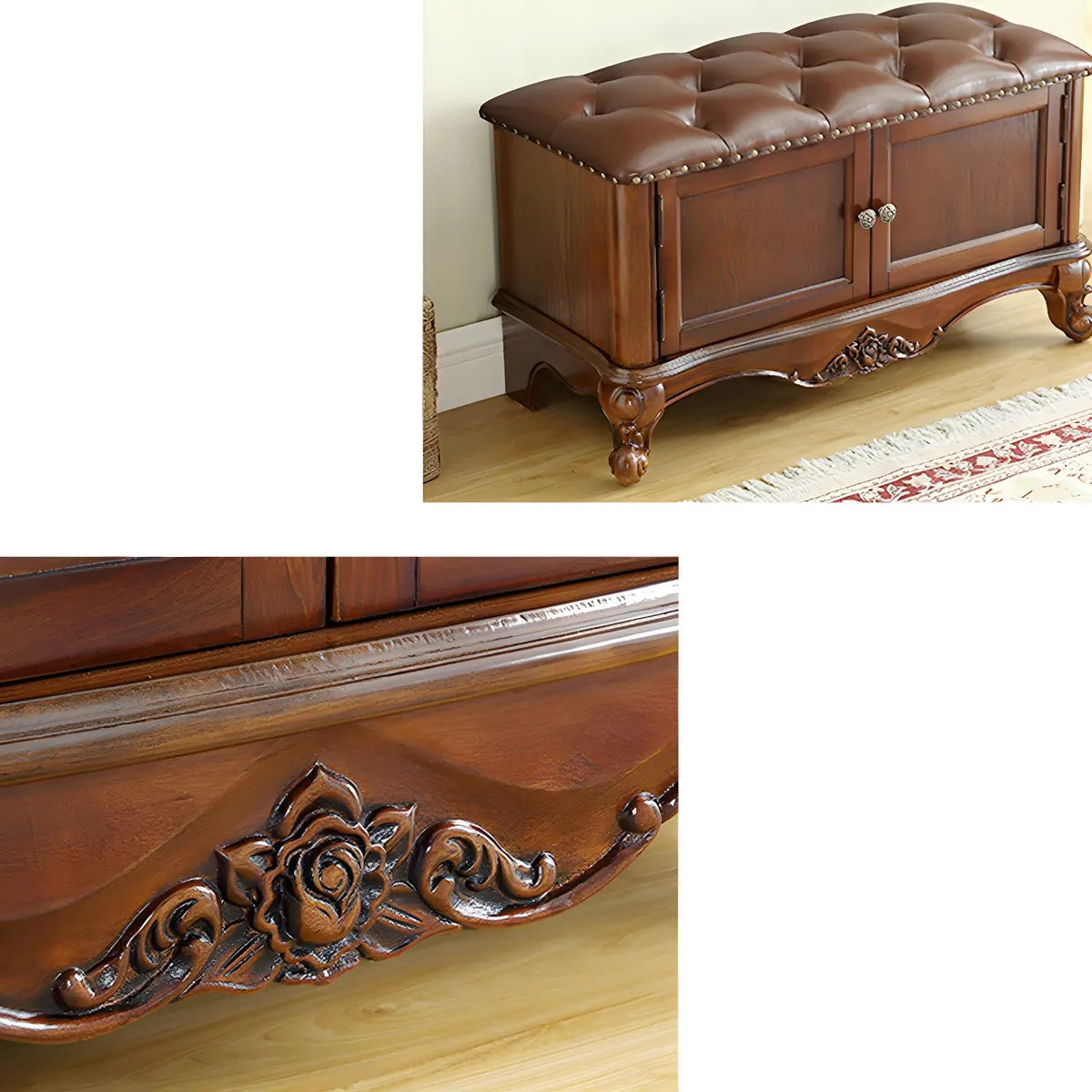 Cherry Wood Tufted Entryway Bench with Cabinets Image - 6