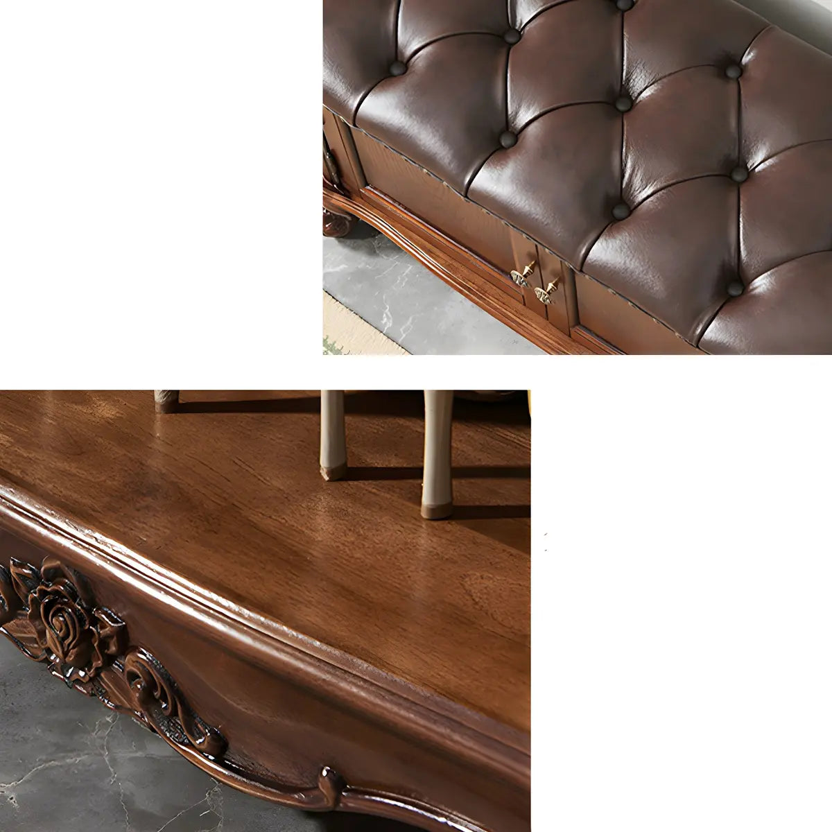 Cherry Wood Tufted Entryway Bench with Cabinets Image - 7