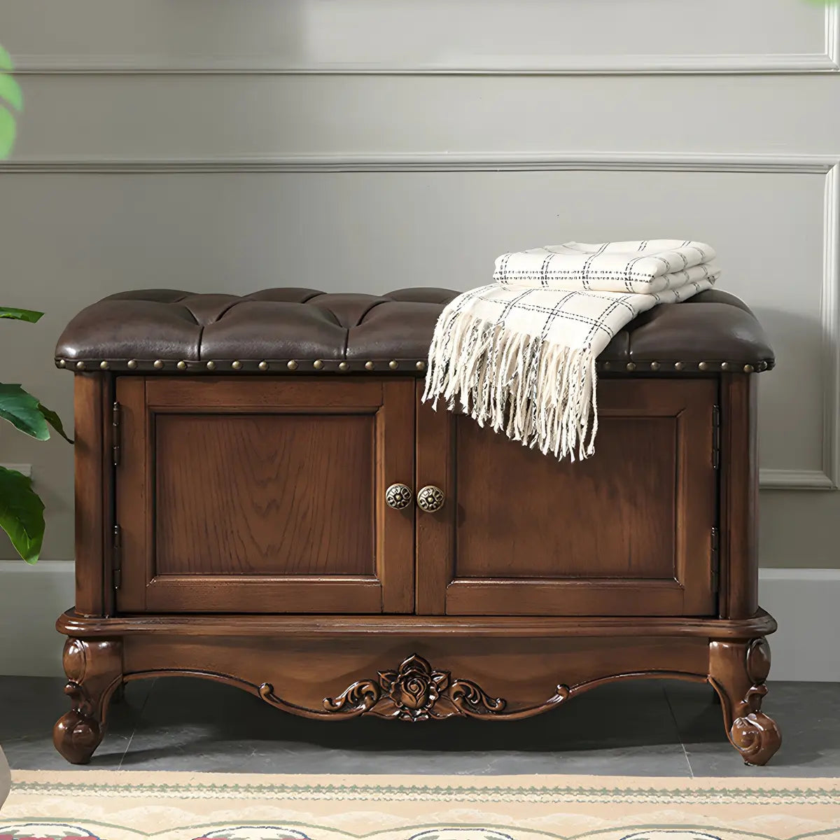 Cherry Wood Tufted Entryway Bench with Cabinets Image - 8