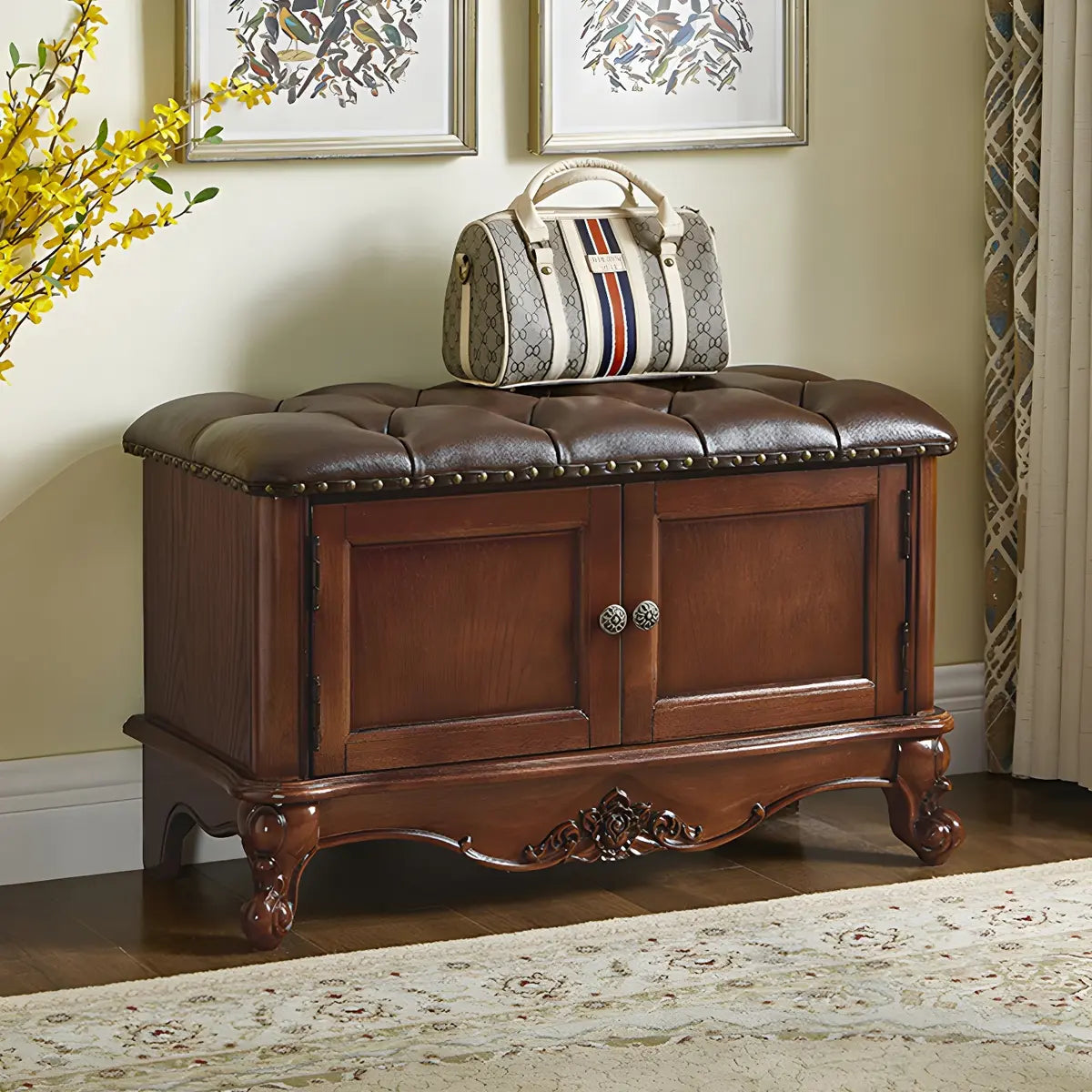 Cherry Wood Tufted Entryway Bench with Cabinets Image - 9