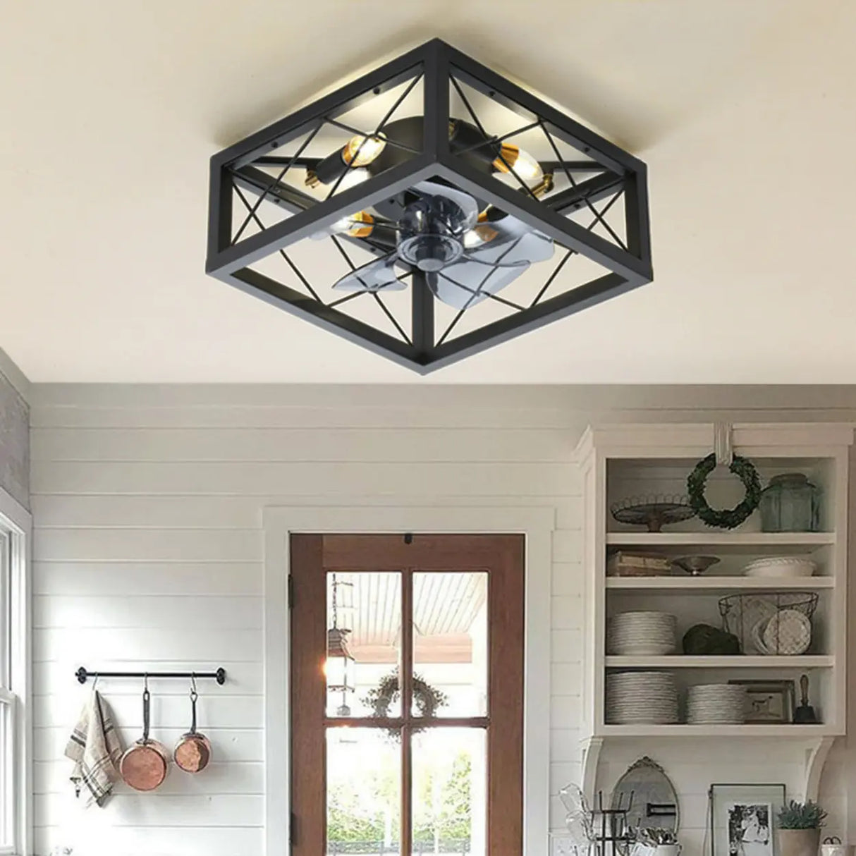 Chic Black Caged Multi-Light Ceiling Fan with Lights Image - 1