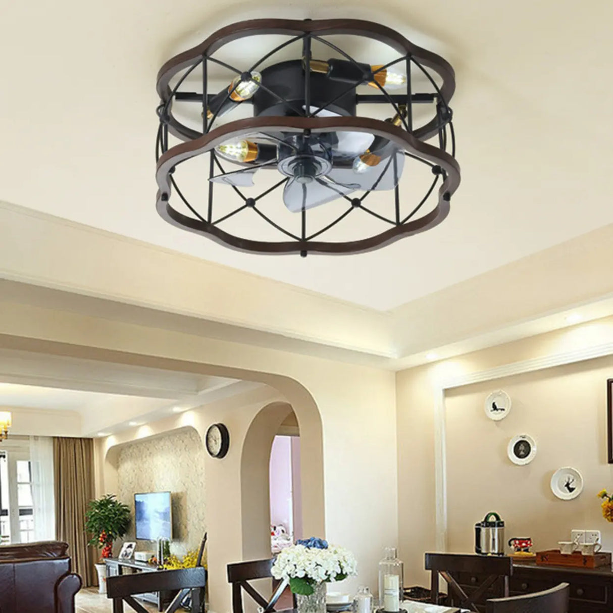 Chic Black Caged Multi-Light Ceiling Fan with Lights Image - 15