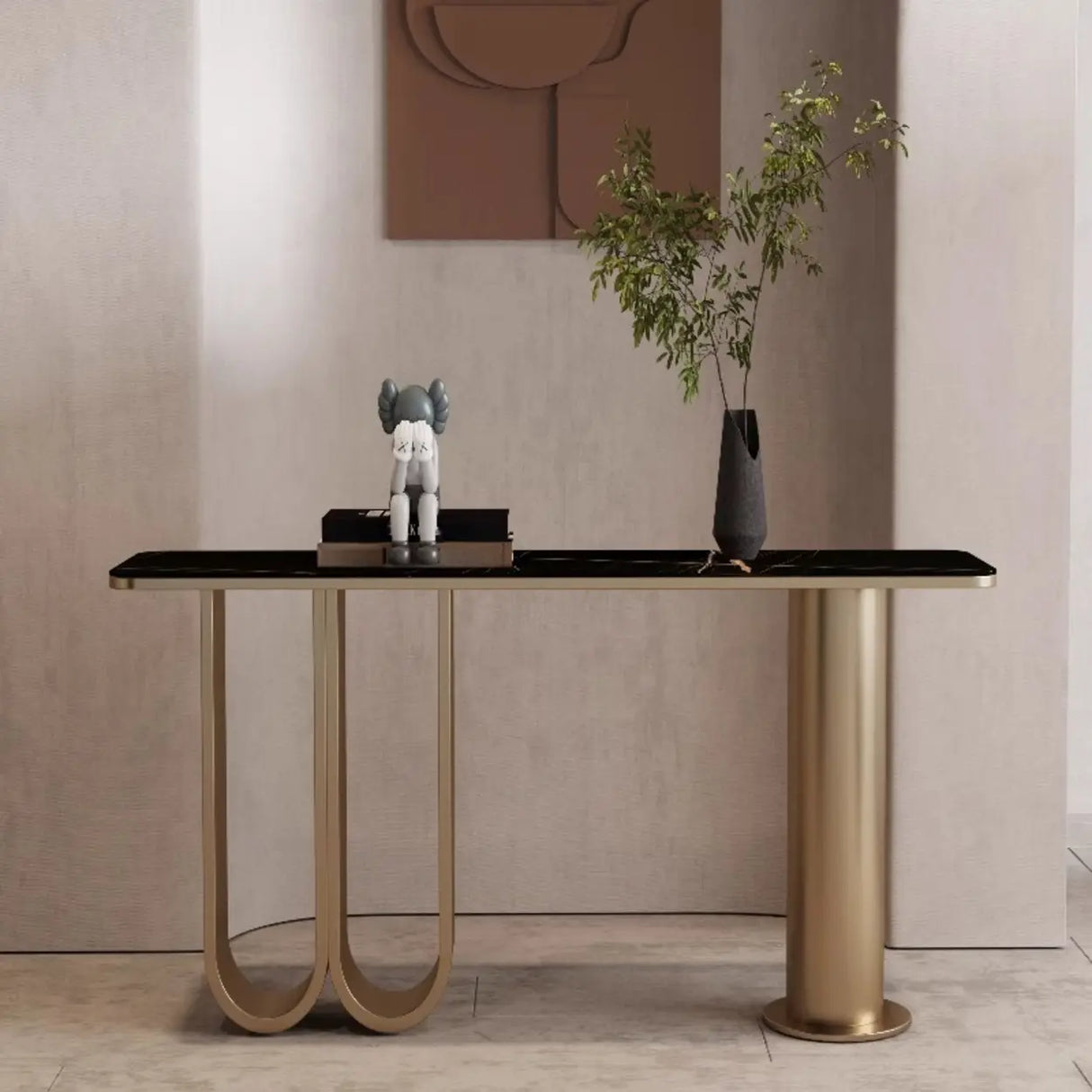 Chic Black Marble Gold Abstract Base Console Table Image - 1