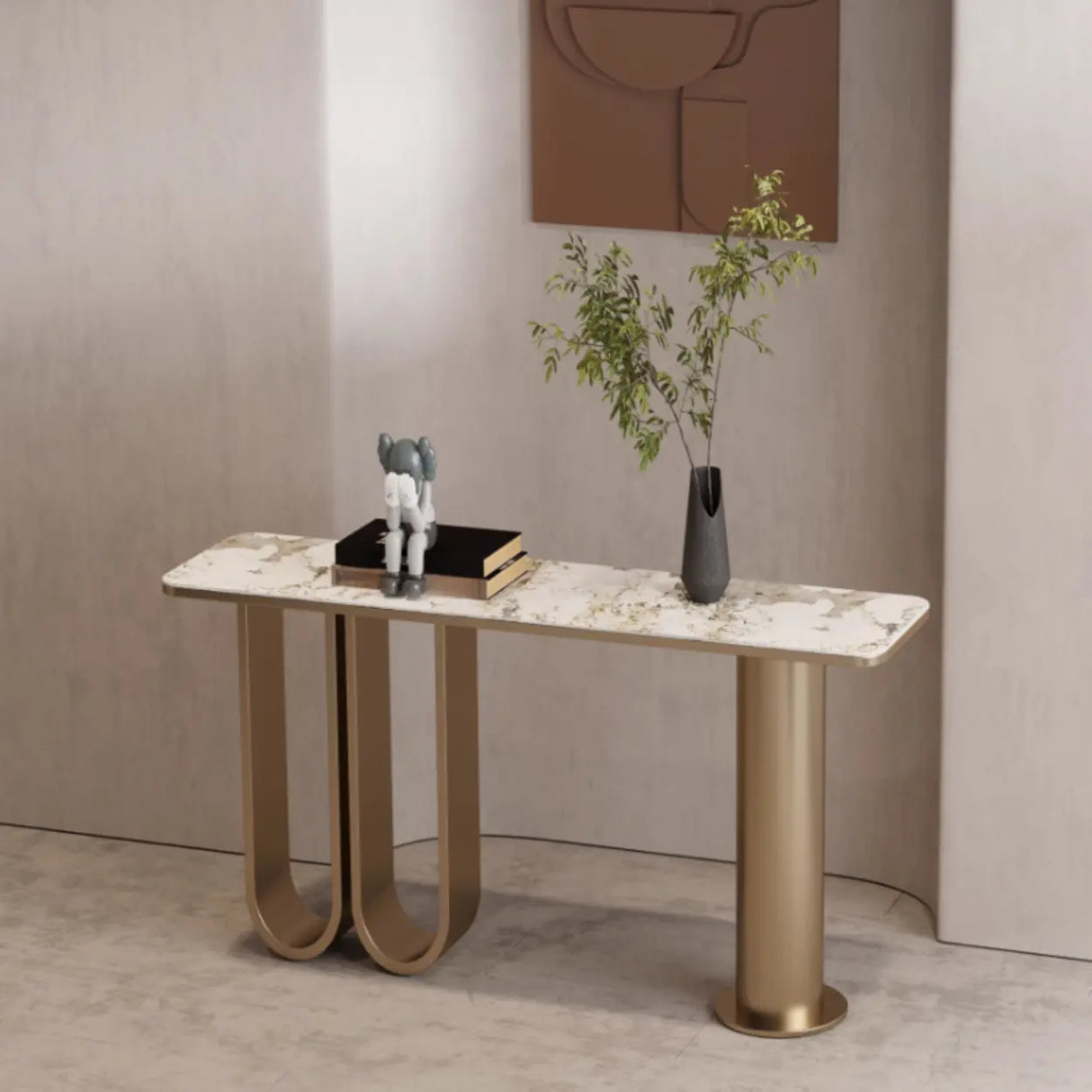Chic Black Marble Gold Abstract Base Console Table Image - 2